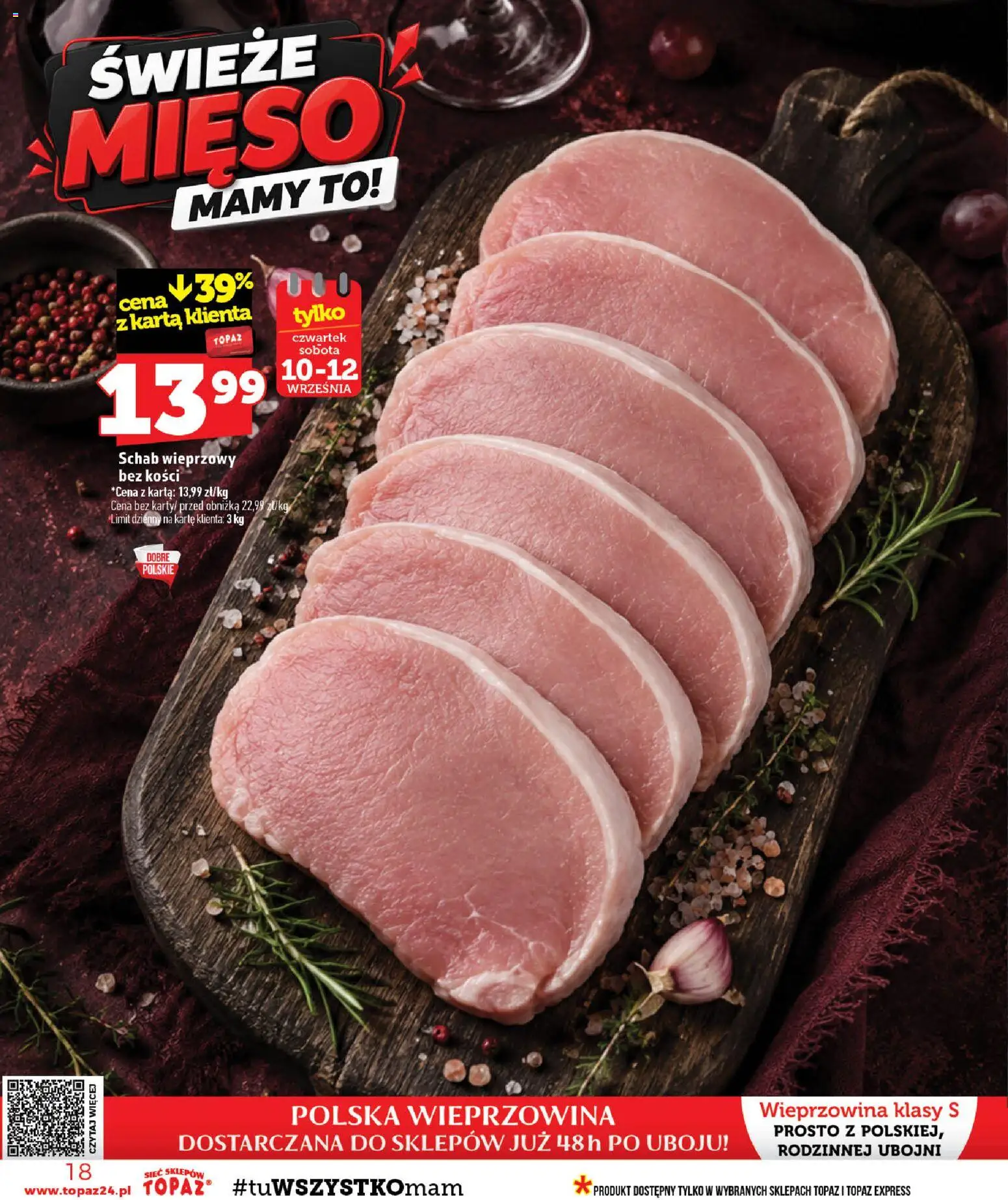 Topaz gazetka - MAZ od 10.09.2026 | Strona: 18 | Produkty: Karta, Schab, Schab wieprzowy, Schab wieprzowy bez kości