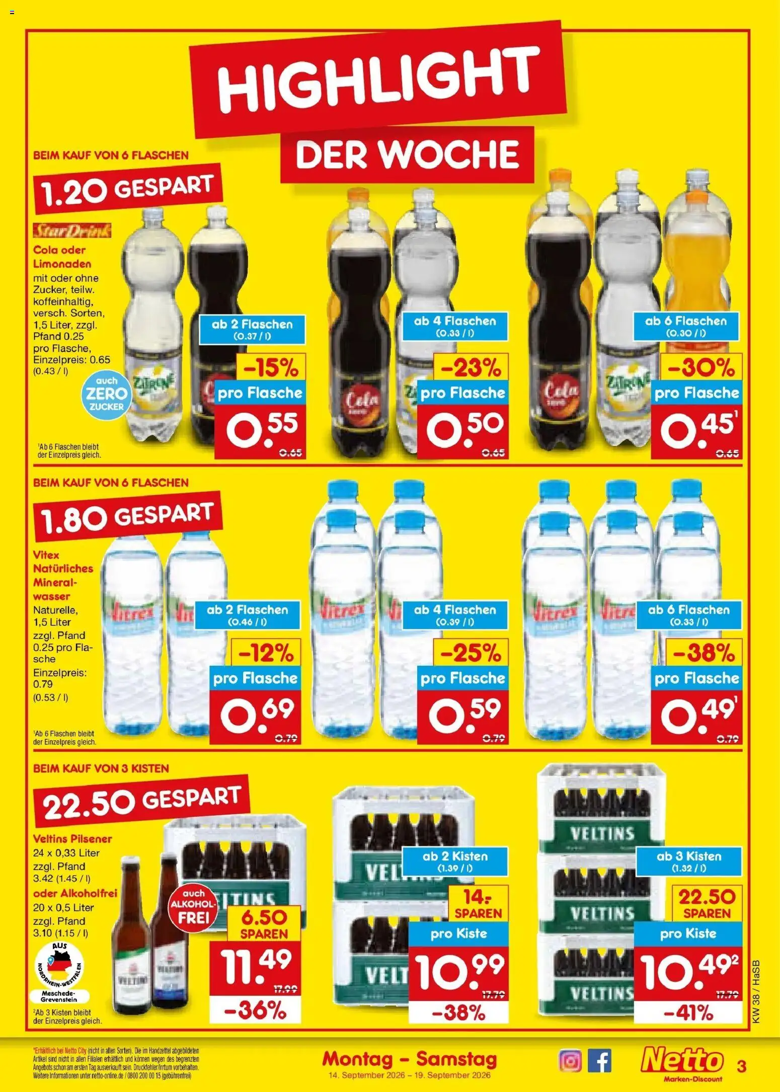 Netto Marken-Discount Prospekt Unna – gültig ab 14.09.2026 | Seite: 3 | Produkte: Cola, Wasser, Alkohol, Veltins