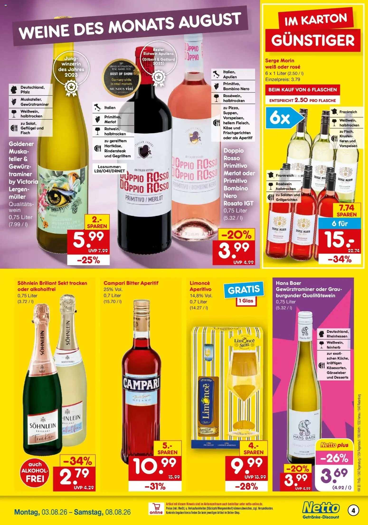 Netto Marken-Discount Prospekt Regensburg – gültig ab 03.08.2026 | Seite: 4 | Produkte: Käse, Weißwein, Campari, Wein