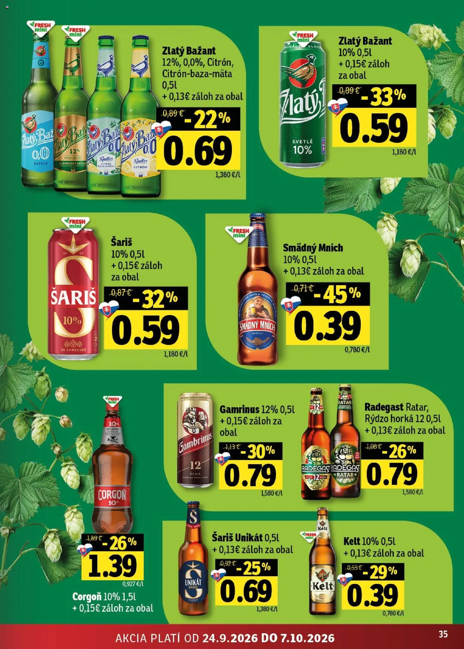 Nové Fresh akcie – leták je platný od 24.09.2026 | Strana: 35 | Produkty: Pivo, Kelt, Radegast, Corgoň