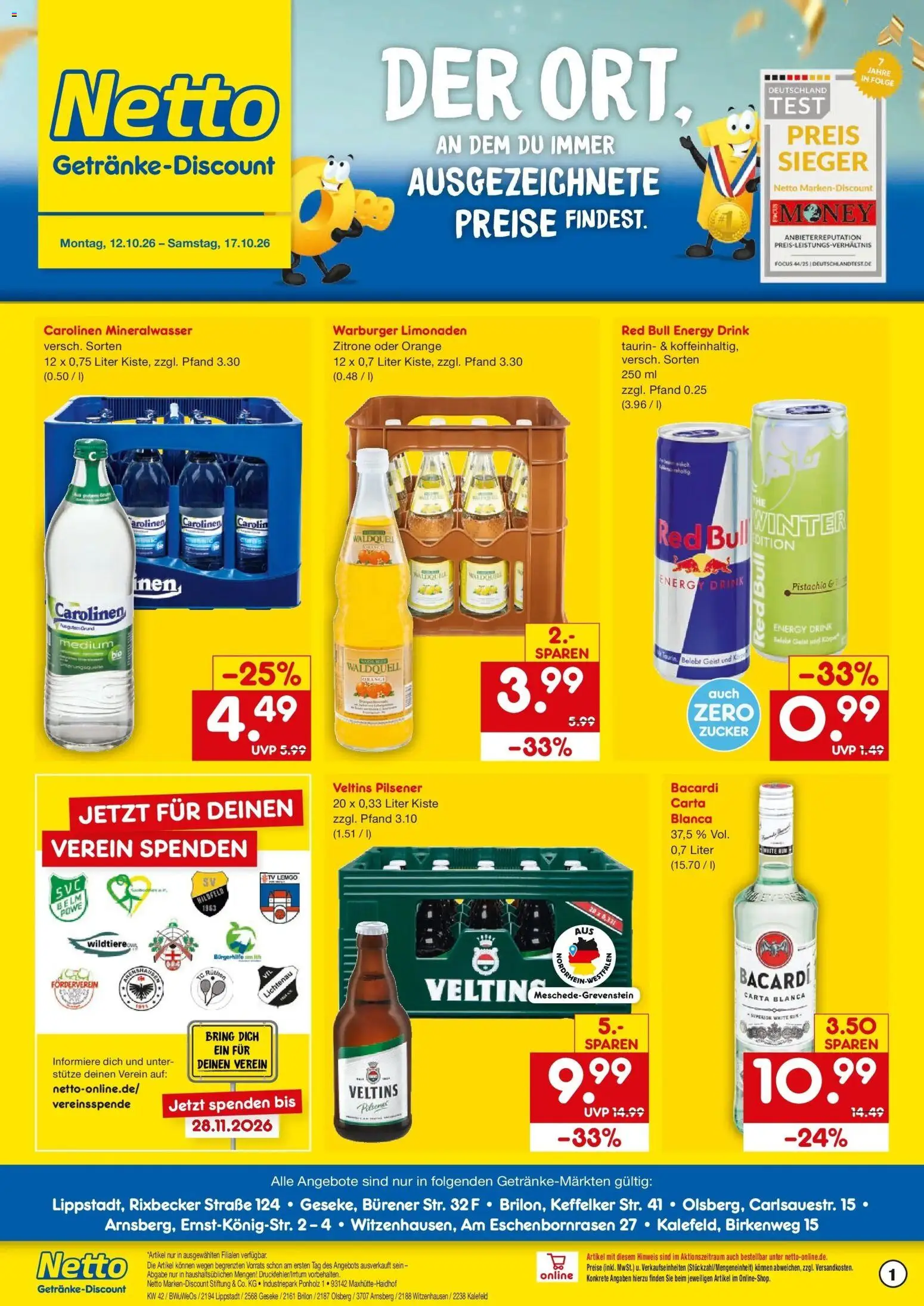 Netto Marken-Discount Prospekt Brilon – gültig ab 12.10.2026 | Seite: 1 | Produkte: Bacardi, Red bull, Mineralwasser, Zitrone