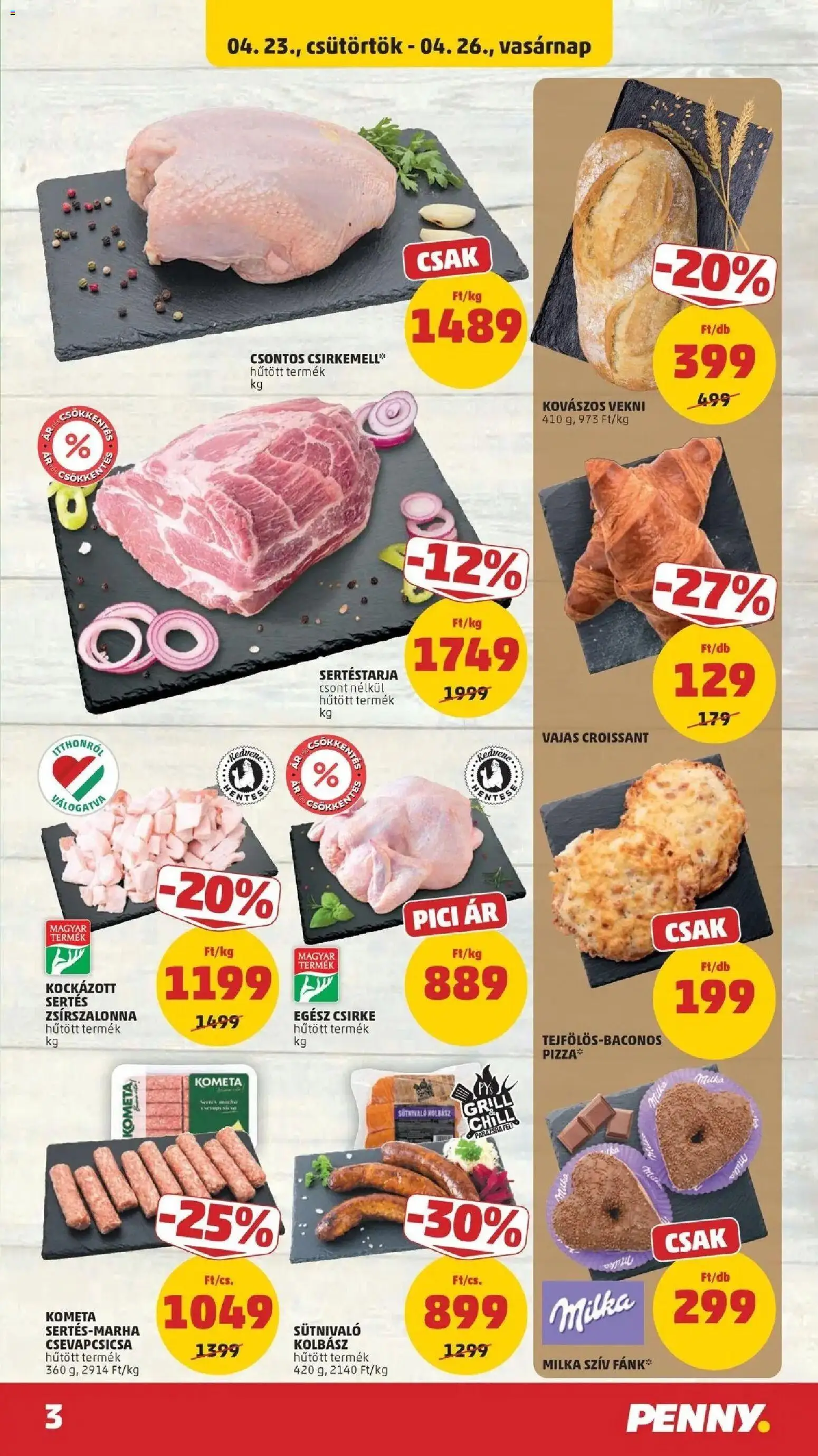 PENNY akciós ujság - amely érvényes a következő dátumtól: 2026.04.23. | Oldal: 3 | Termékek: Sertéstarja, Croissant, Kolbász, Fánk