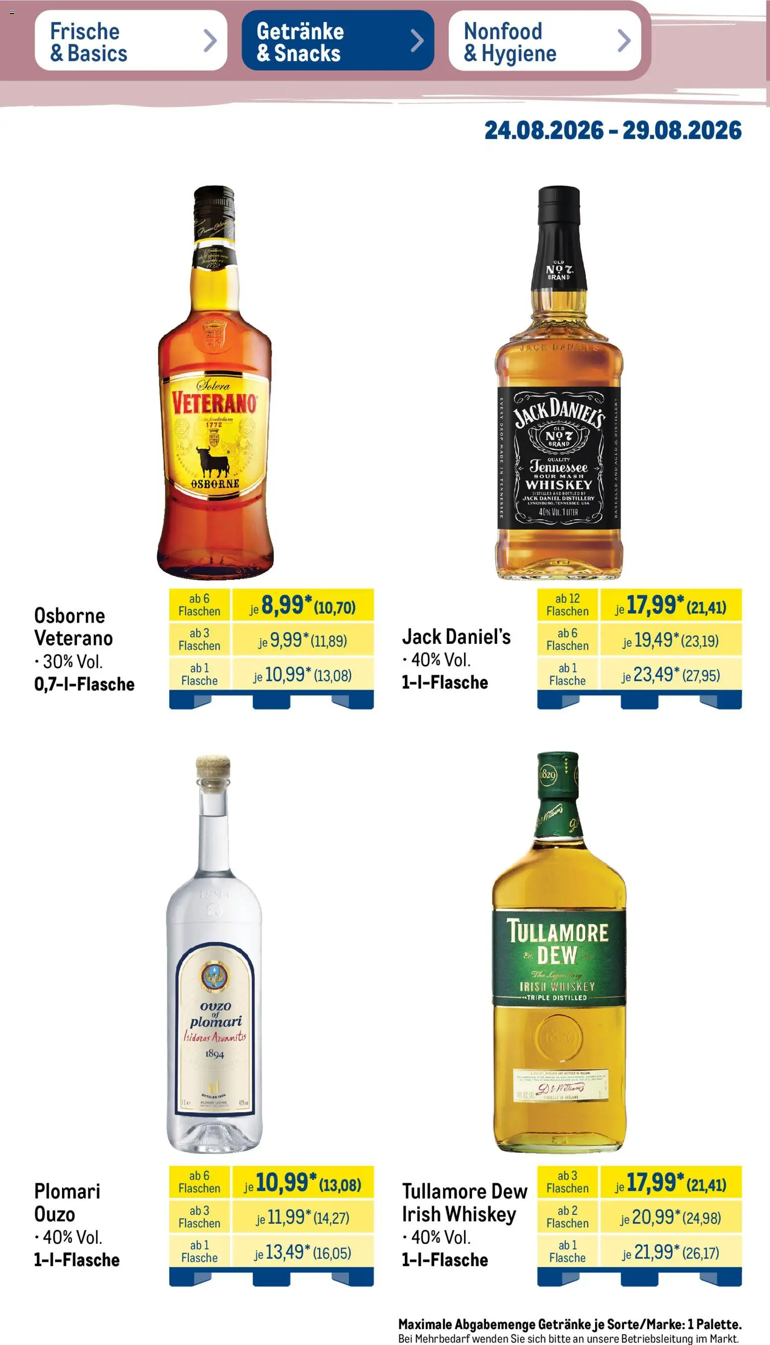 Metro NonFood-Angebote – gültig ab 24.08.2026 | Seite: 24 | Produkte: Ouzo, Osborne, Jack Daniel's, Whiskey