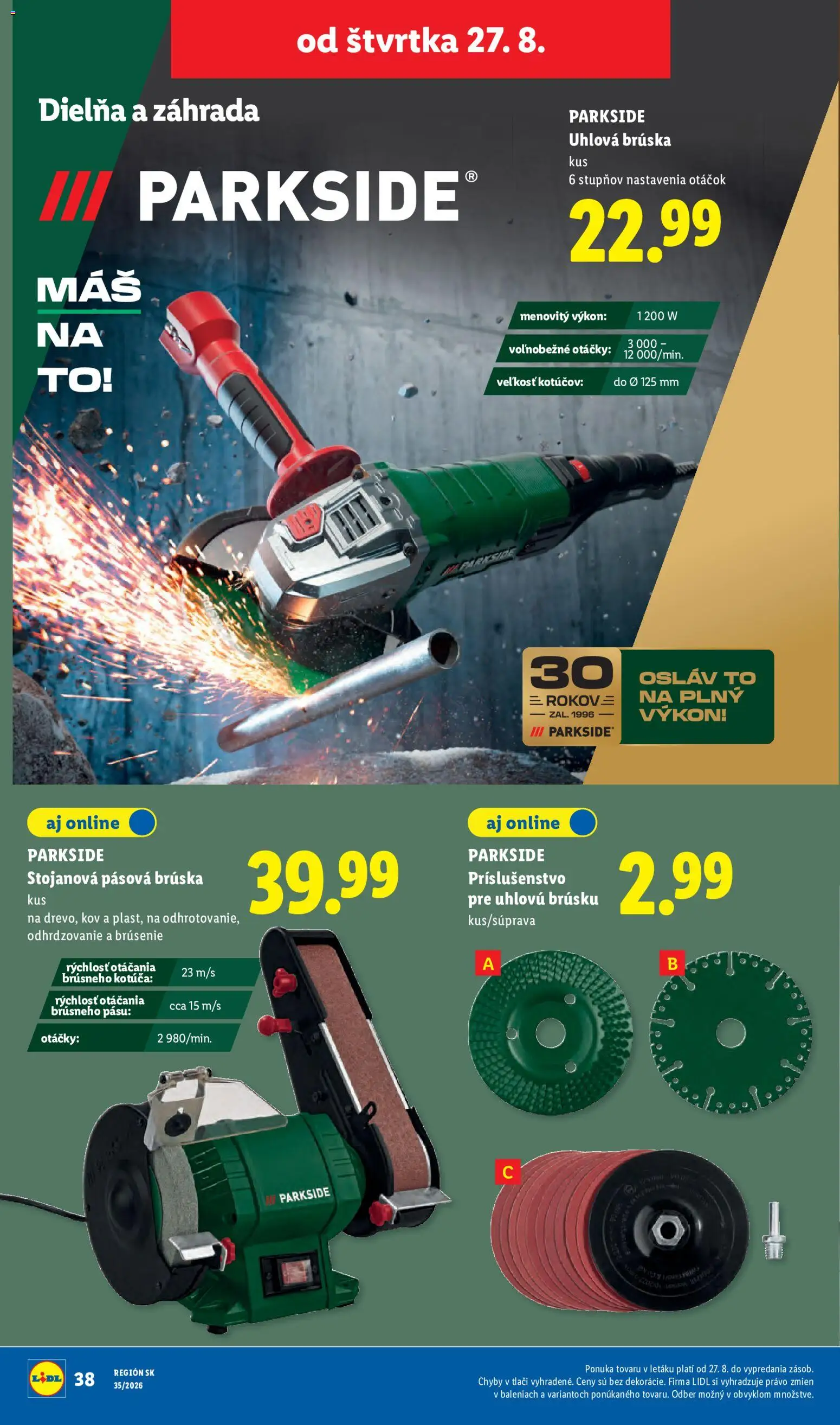 Nové Lidl akcie – leták je platný od 24.08.2026 | Strana: 78 | Produkty: Pásova brúska, Uhlová brúska, Parkside
