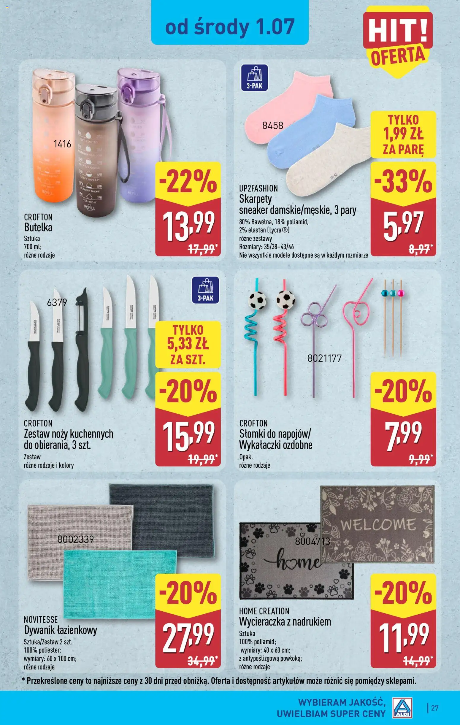 Aldi gazetka od 29.06.2026 | Strona: 27 | Produkty: Skarpety, Dywanik łazienkowy, Słomki, Wycieraczka