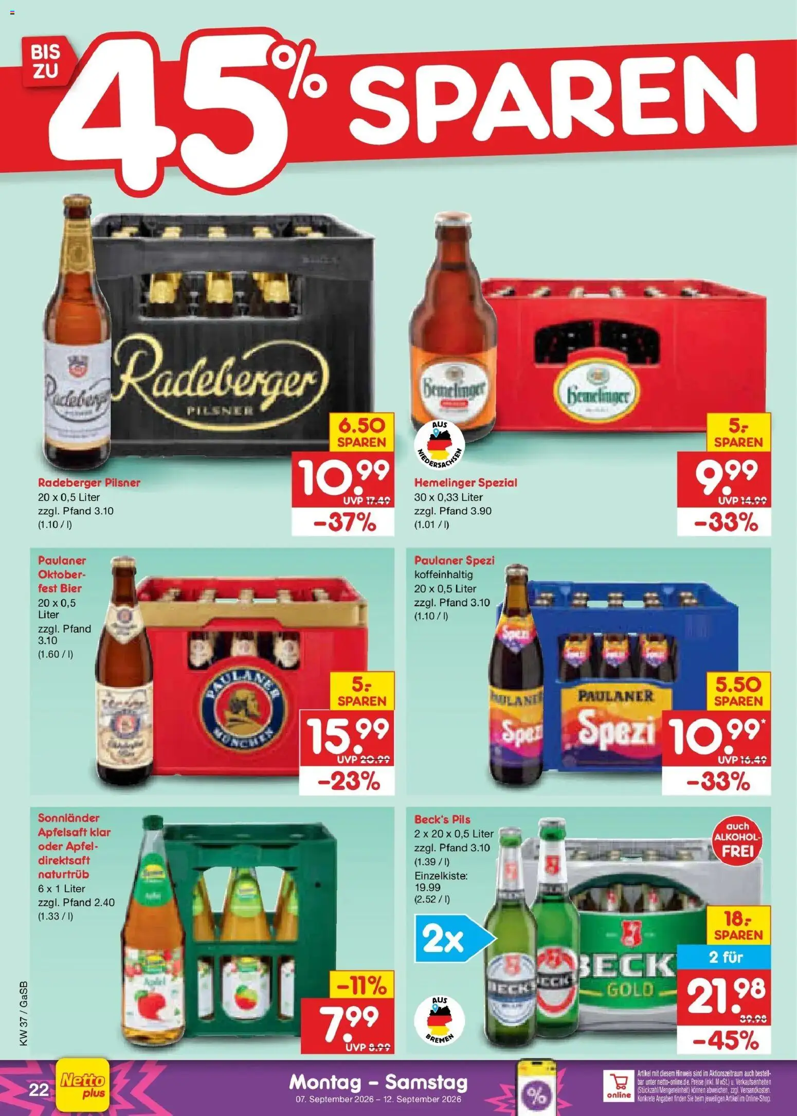 Netto Marken-Discount Prospekt Oldenburg – gültig ab 07.09.2026 | Seite: 30 | Produkte: Bier, Paulaner spezi, Äpfel, Radeberger pilsner