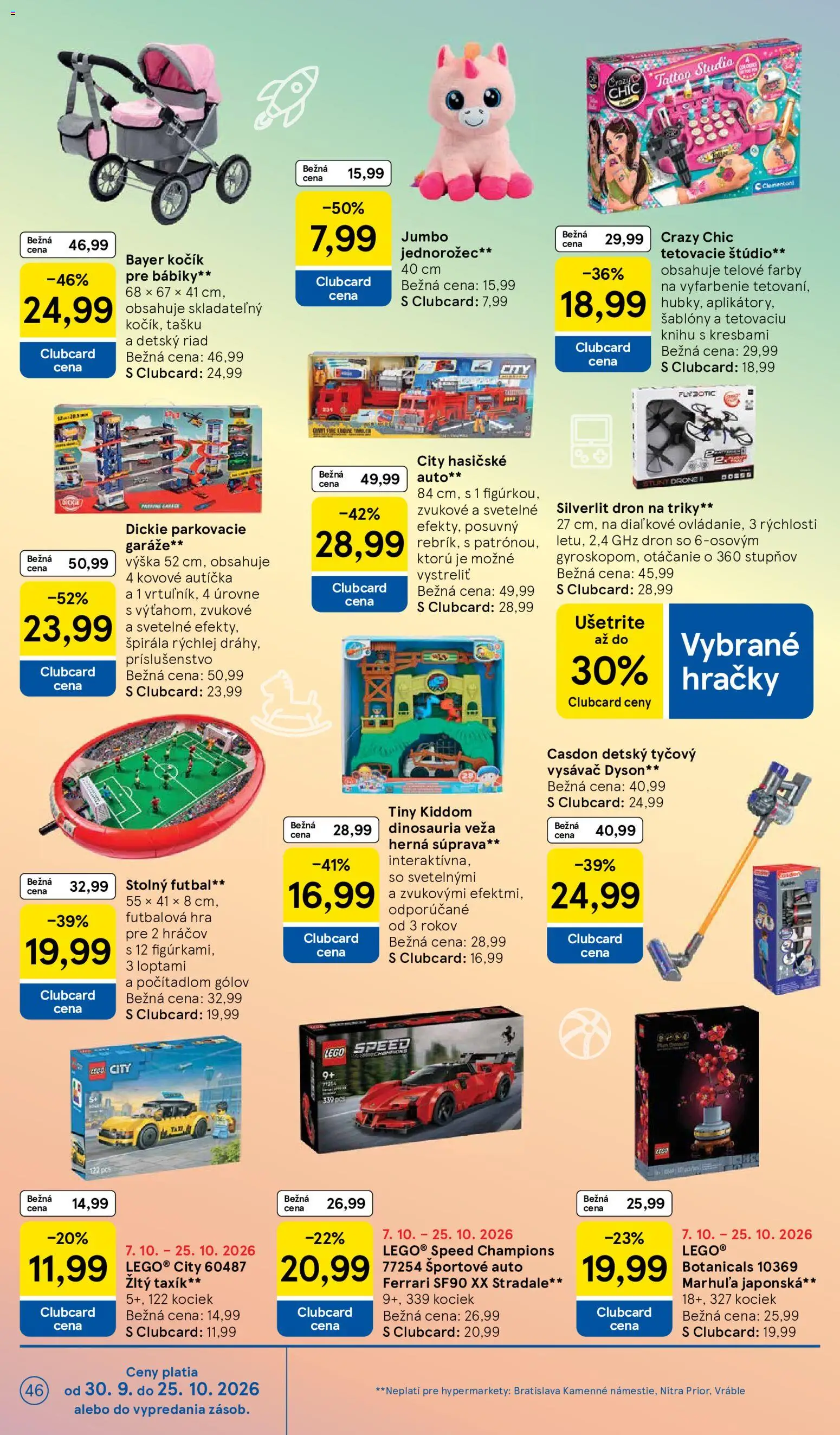 Nové Tesco akcie – leták je platný od 07.10.2026 | Strana: 46 | Produkty: Tyčový vysávač, Vysávač, Dron, Riad