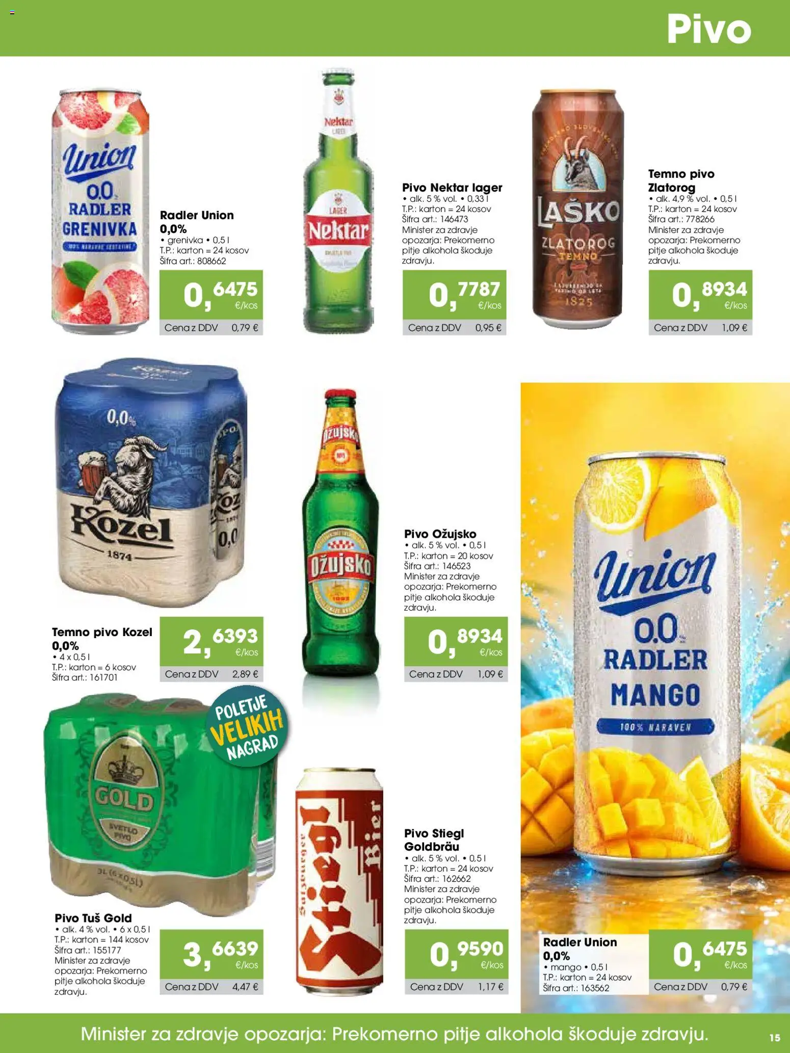 Novi Tuš katalog ponudbe – veljaven od 15.08.2026 | Stran: 15 | Izdelki: Radler, Pivo, Grenivka, Mango