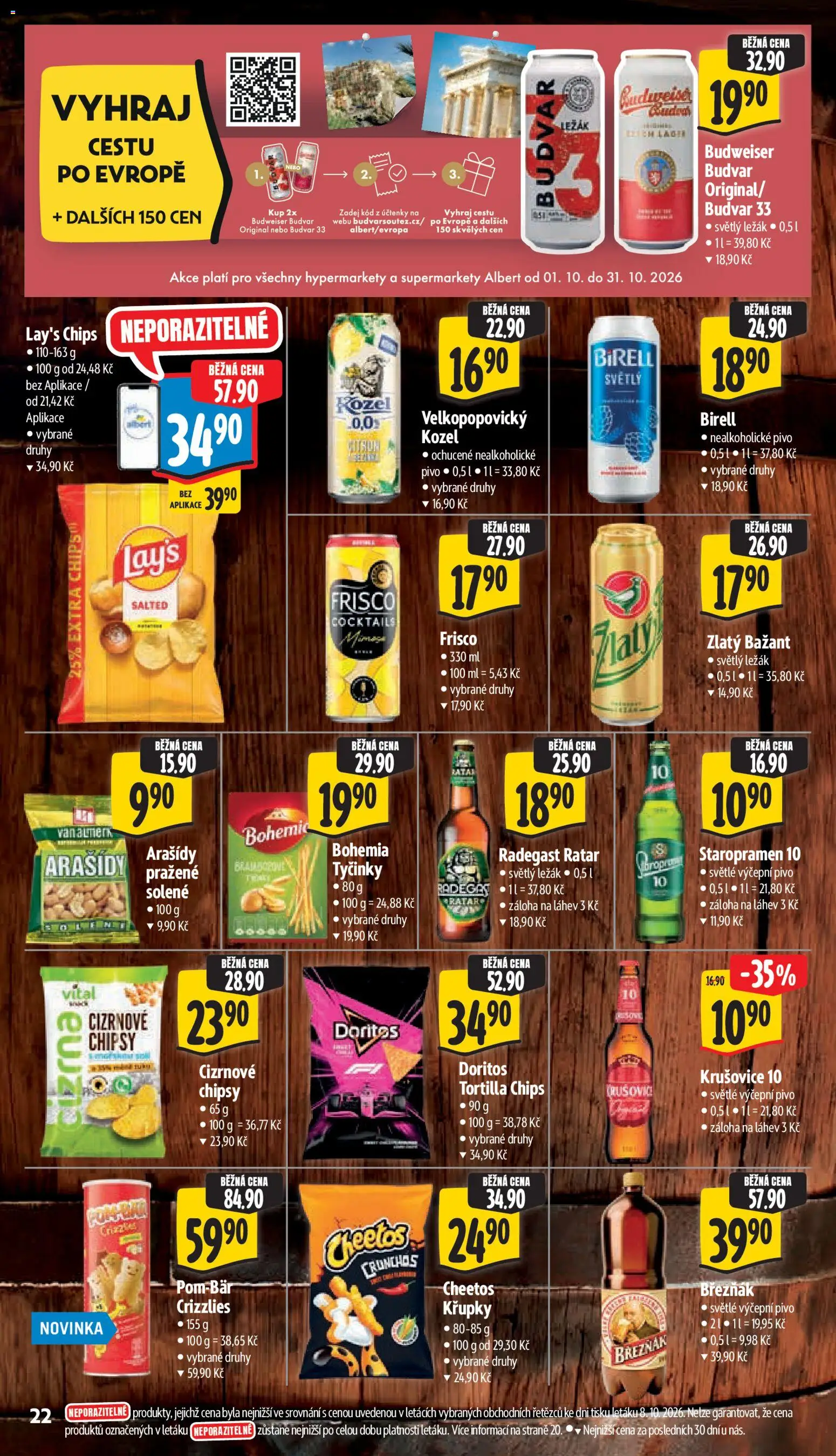 Albert leták - Supermarket od 14.10.2026 | Strana: 32 | Produkty: Tortilla chips, Nealkoholické pivo, Tyčinky Bohemia, Krušovice