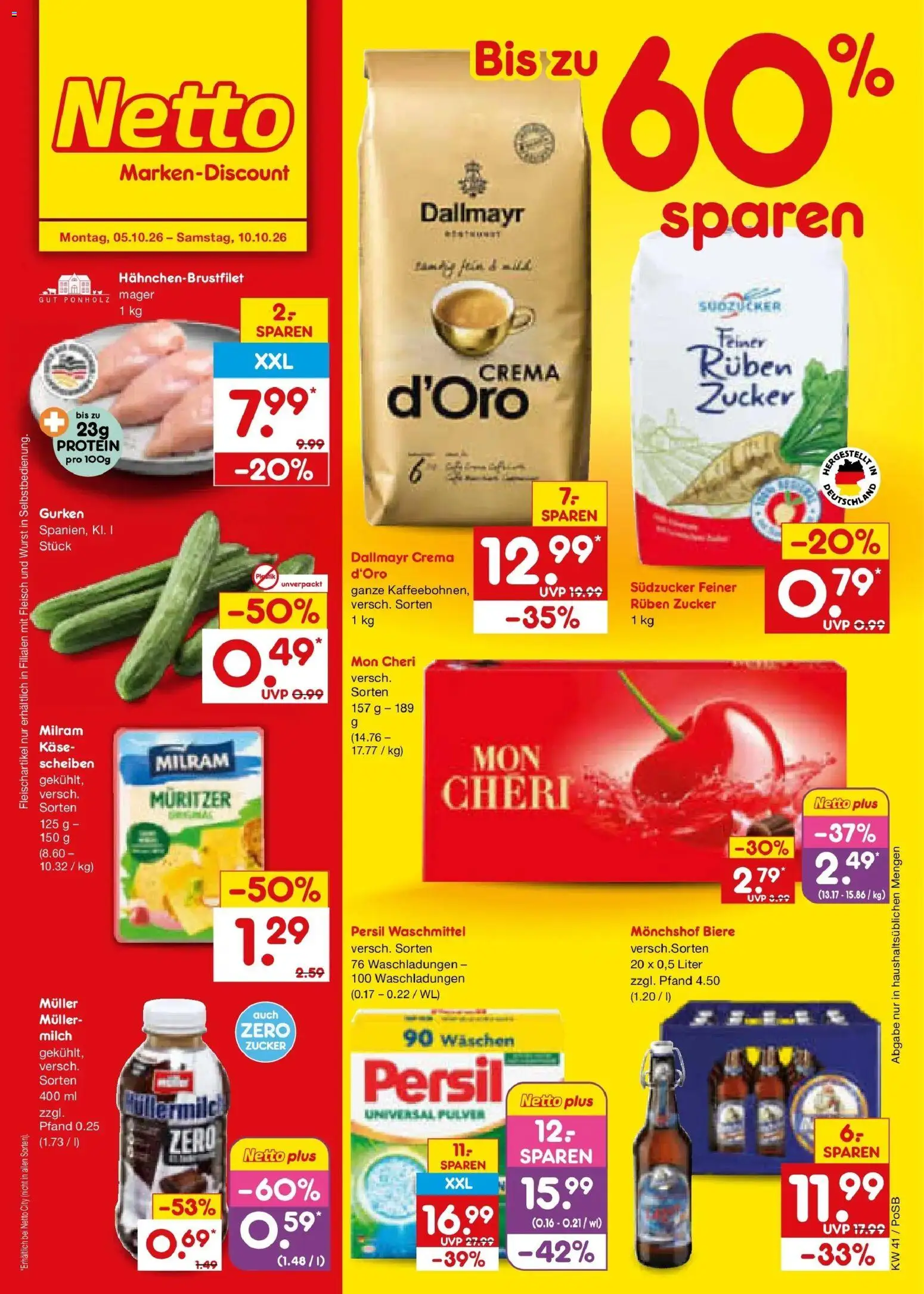 Netto Marken-Discount Prospekt Amberg (ab 05.10.2026) » Angebote | Seite: 1 | Produkte: Milch, Käse, Dallmayr, Fleisch