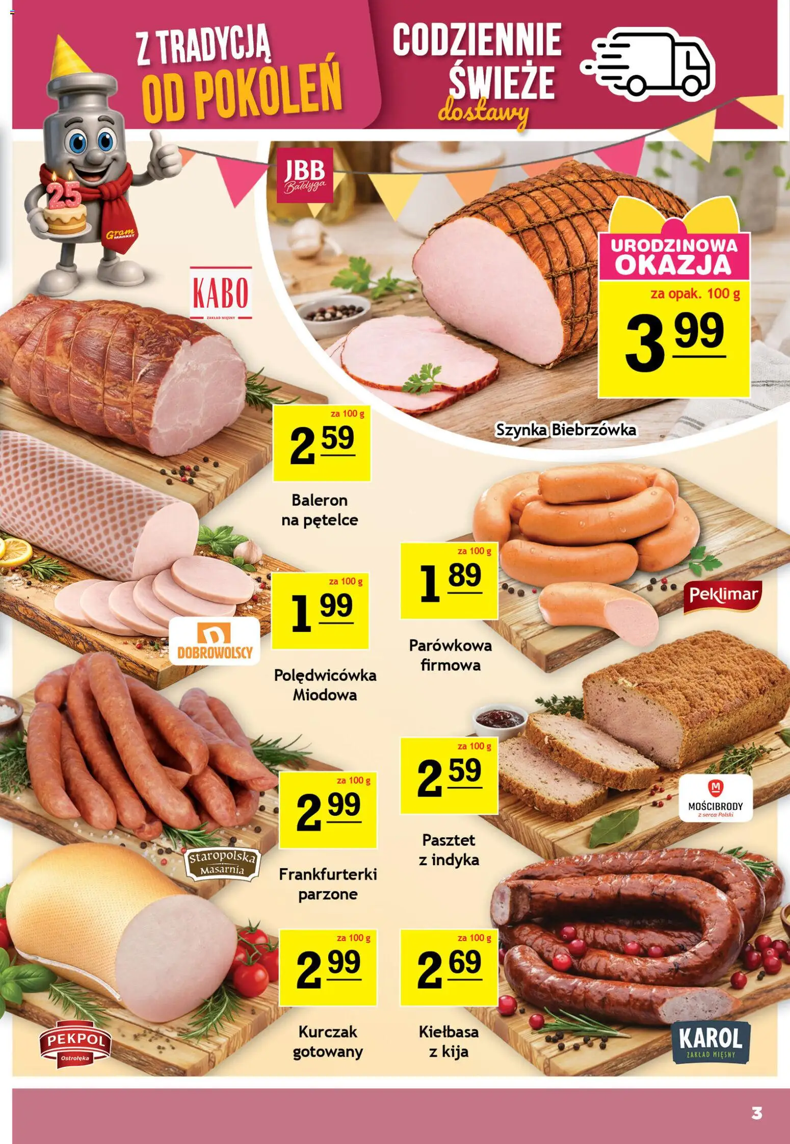 Gram Market gazetka od 09.09.2026 | Strona: 3 | Produkty: Kiełbasa, Kurczak, Frankfurterki, Szynka