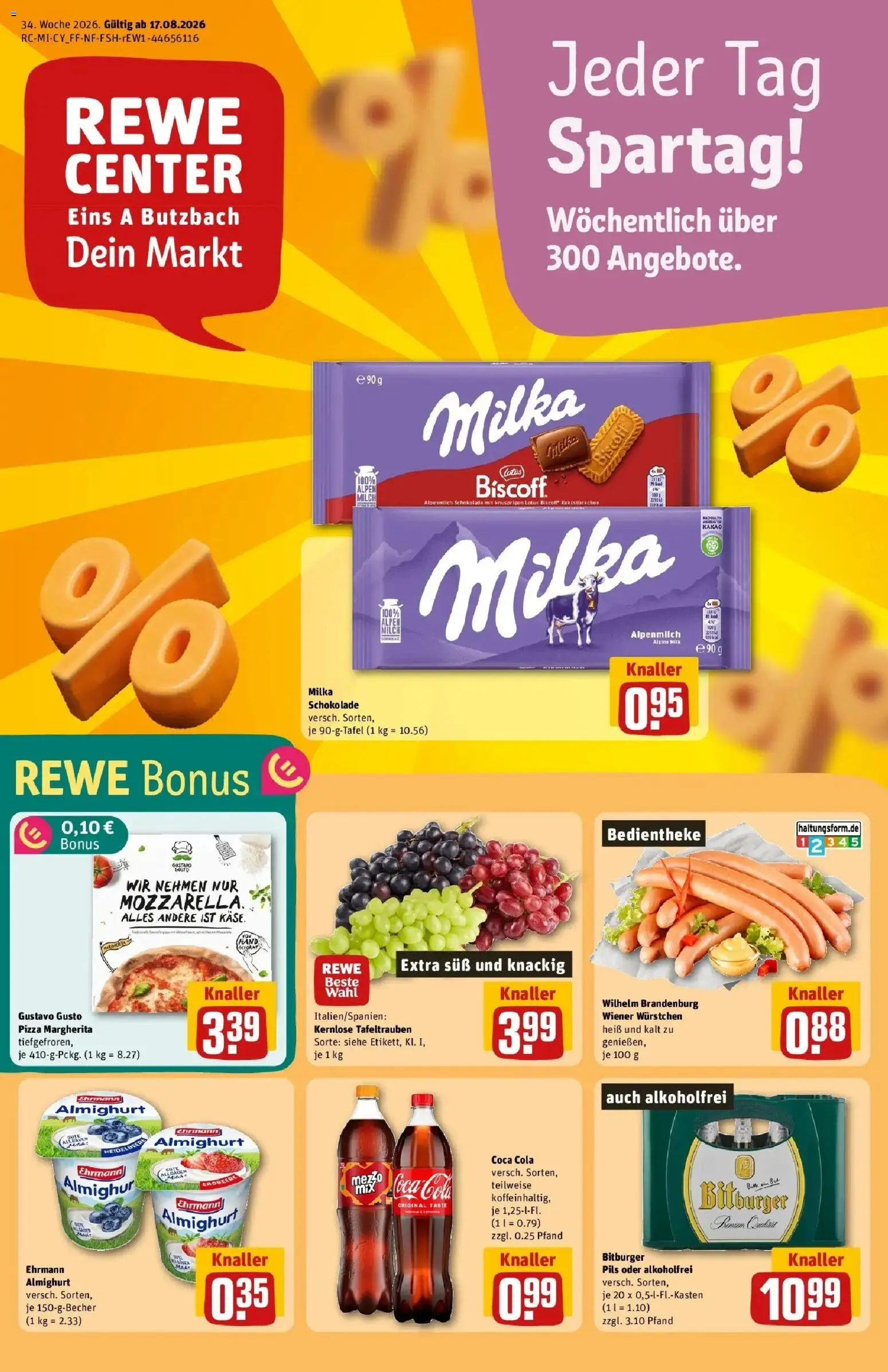 REWE Prospekt ab 17.08.2026 zum Blättern » Angebote | Seite: 1 | Produkte: Cola, Käse, Schokolade, Pizza