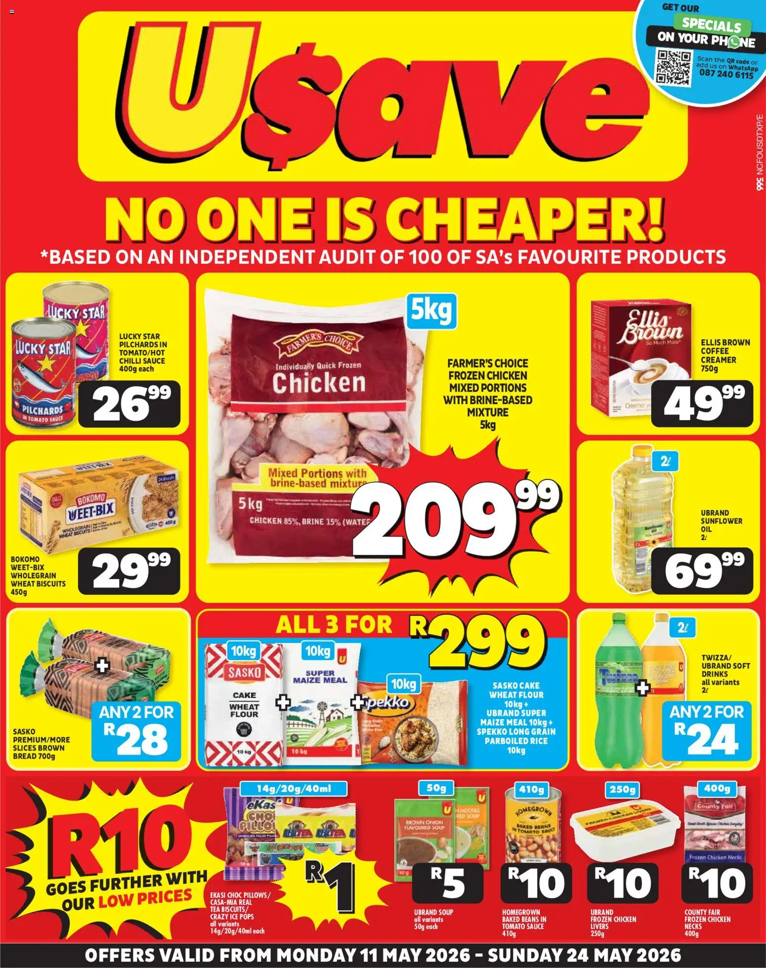 New Usave catalogue – valid from 11.05.2026 | Page: 1 | Products: Maize meal, Tomato sauce, Water, Chilli