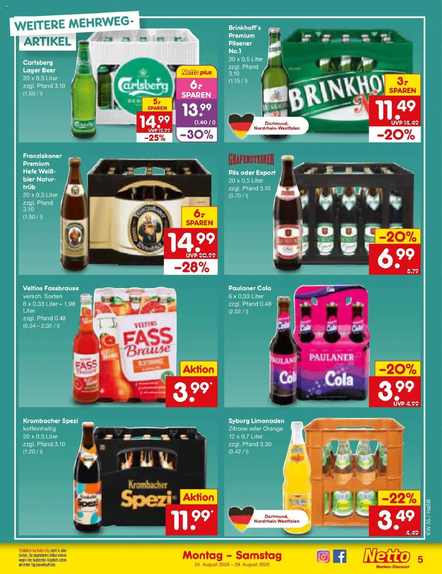 Netto Marken-Discount Prospekt Unna (ab 24.08.2026) » Angebote | Seite: 5 | Produkte: Franziskaner, Zitrone, Fassbrause, Paulaner