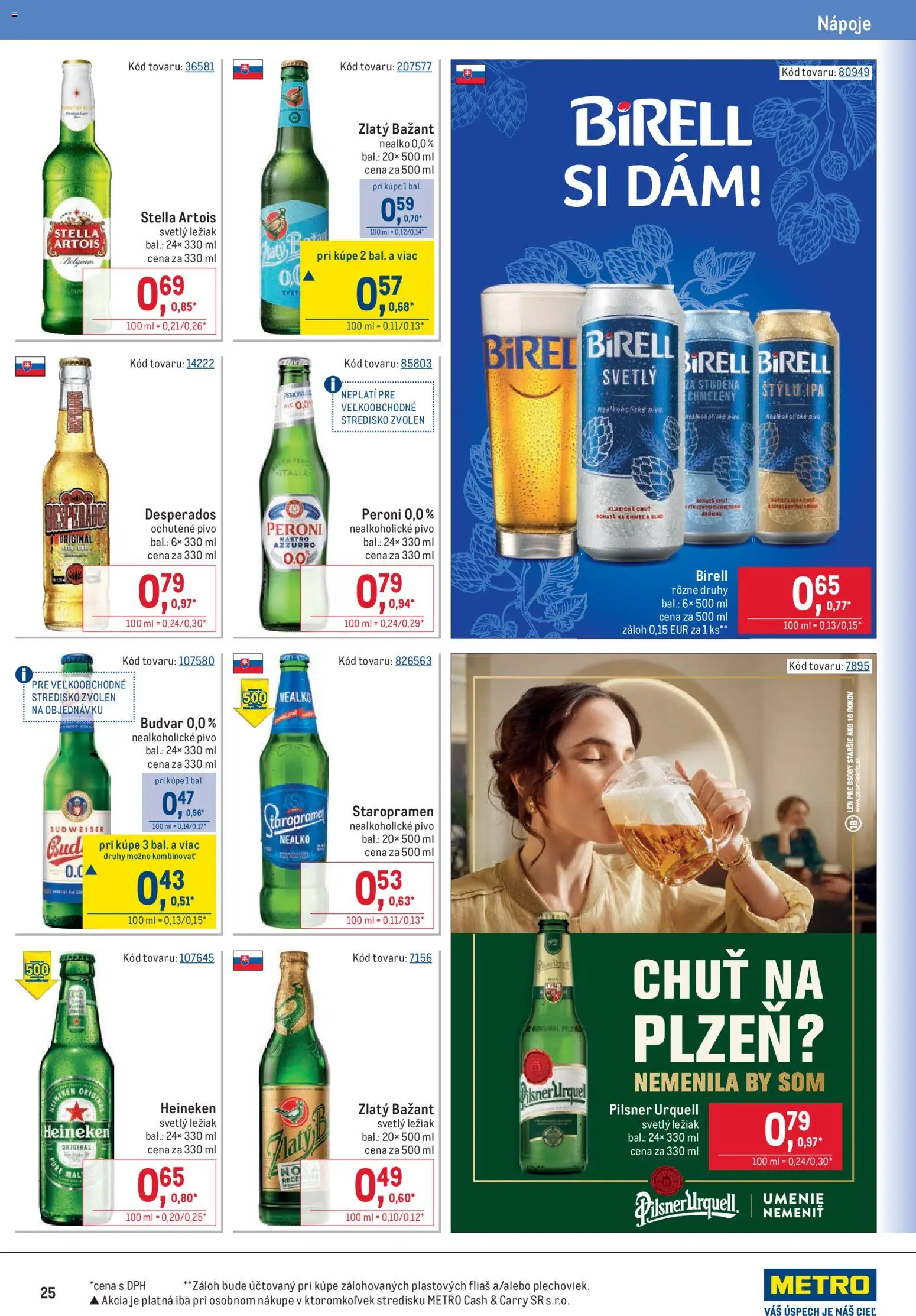 Nové Metro akcie – leták je platný od 07.10.2026 | Strana: 25 | Produkty: Pilsner Urquell, Birell, Staropramen, Nealkoholické pivo