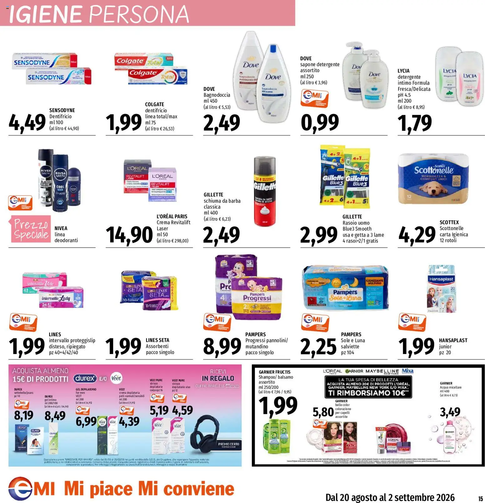 Volantino EMI del 20/08/2026 | Pagina: 15 | Prodotti: Crema, Acqua micellare, Rasoio, Crema depilatoria