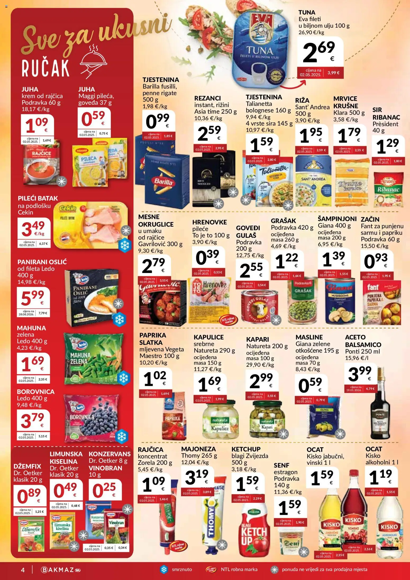 Bakmaz katalog | vrijedi od 09.09.2026 | Stranica: 4 | Proizvodi: Hrenovke, Pileći batak, Juha, Senf