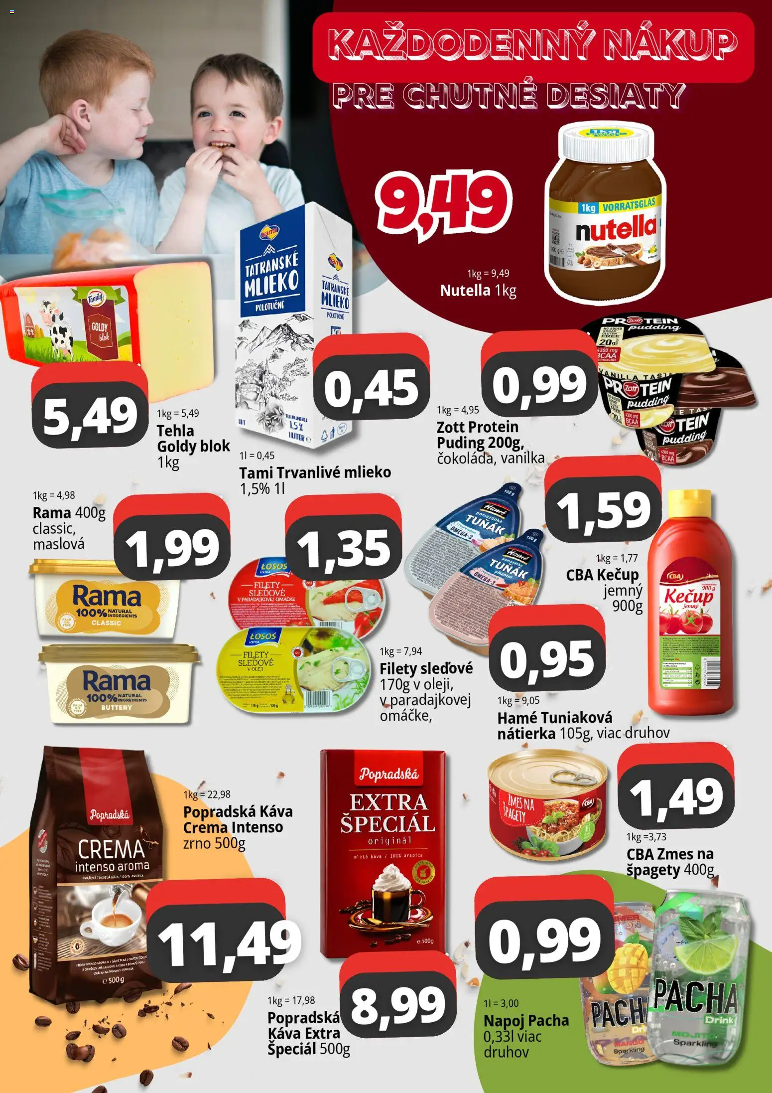 Nové CBA Komfos akcie – leták je platný od 01.09.2026 | Strana: 2 | Produkty: Mlieko, Puding, Losos, Nutella