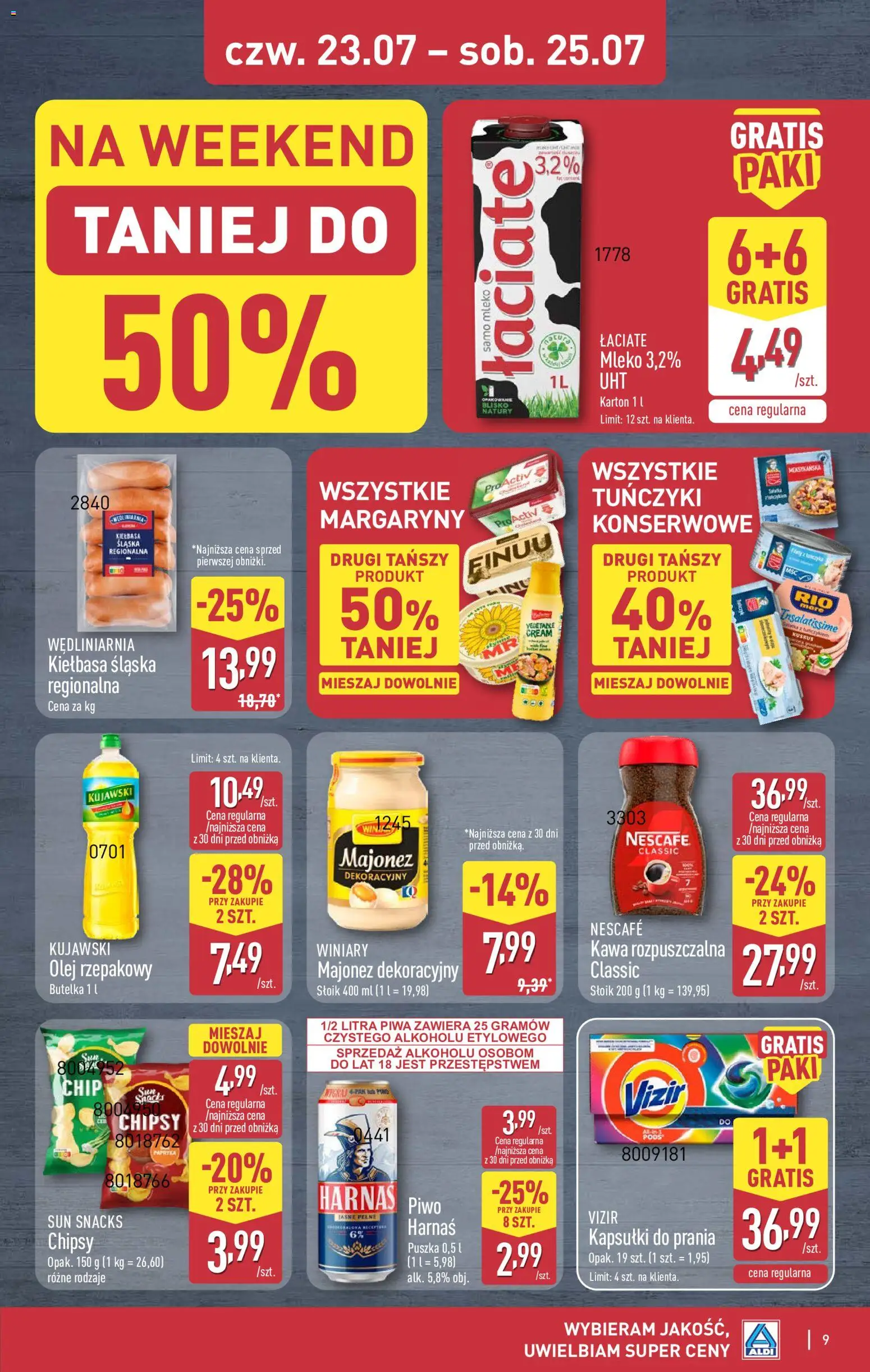 Aldi Polsko leták - Na tani weekend od 23.07.2026 | Strana: 9 | Produkty: Mléko, Olej, Nescafé, Chipsy