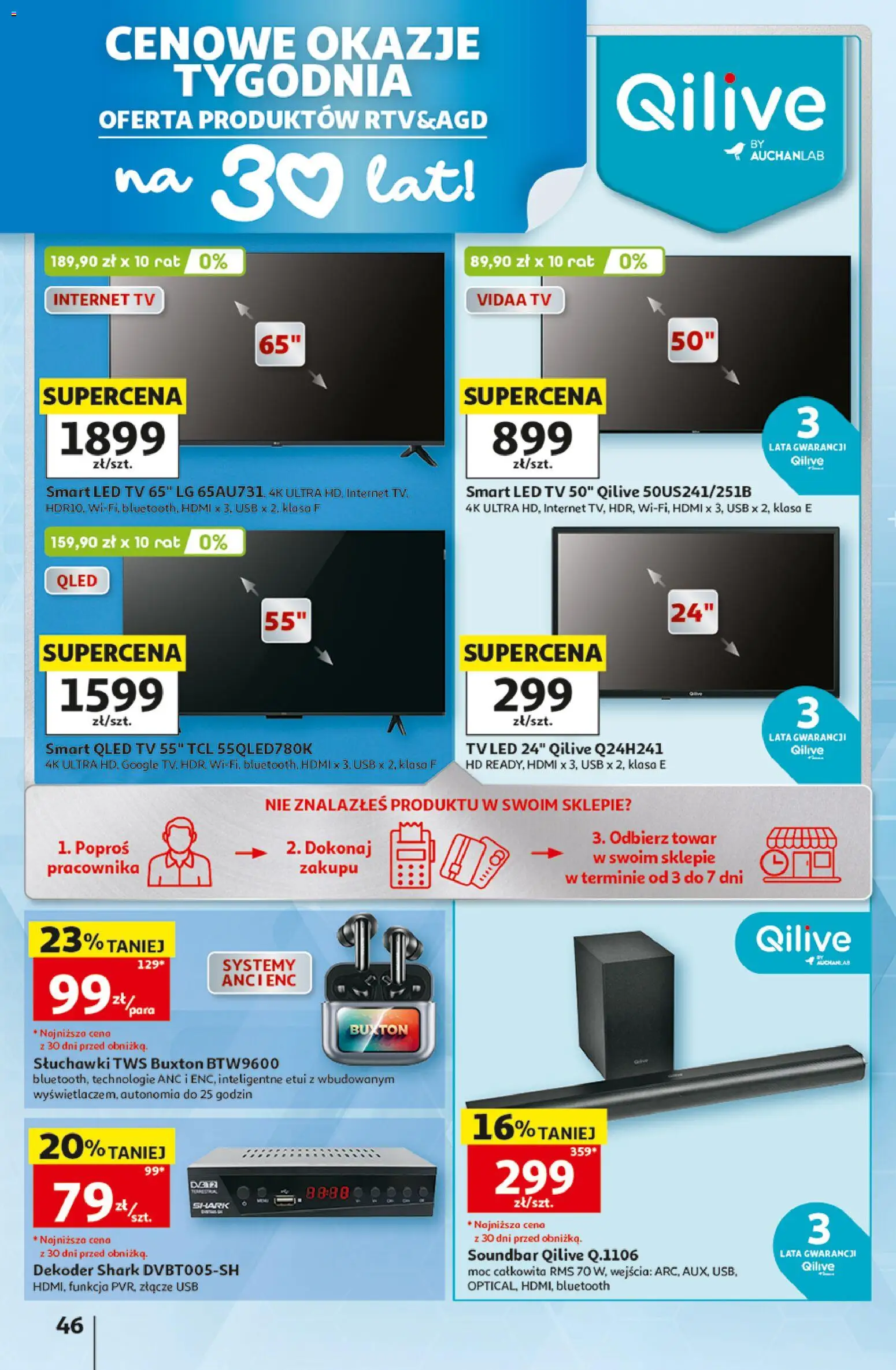Auchan gazetka - 30 Lat Hipermarket od 10.09.2026 | Strona: 46 | Produkty: Słuchawki, Złącze, USB, Soundbar