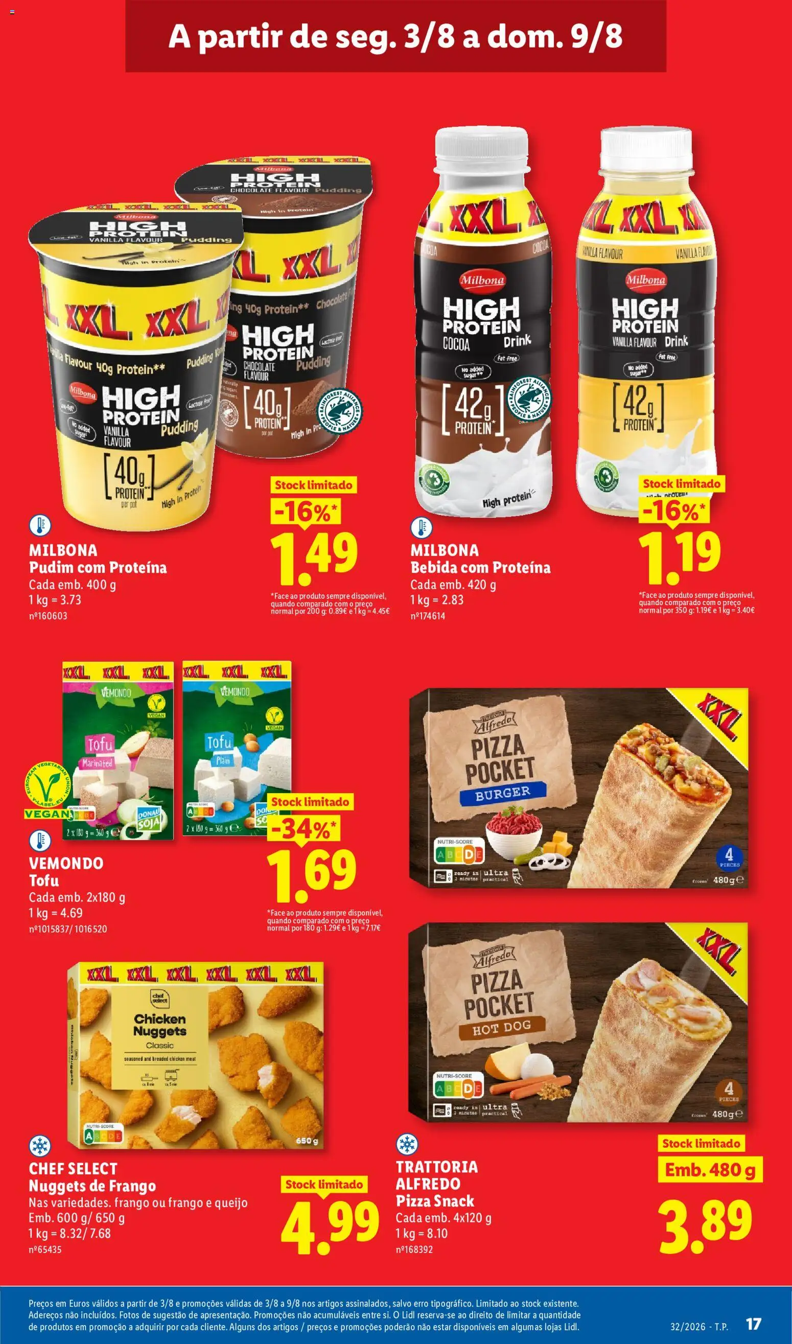Lidl folheto │ válido de 03/08/2026 | Página: 17 | Produtos: Nuggets de frango, Frango, Pudim, Pizza