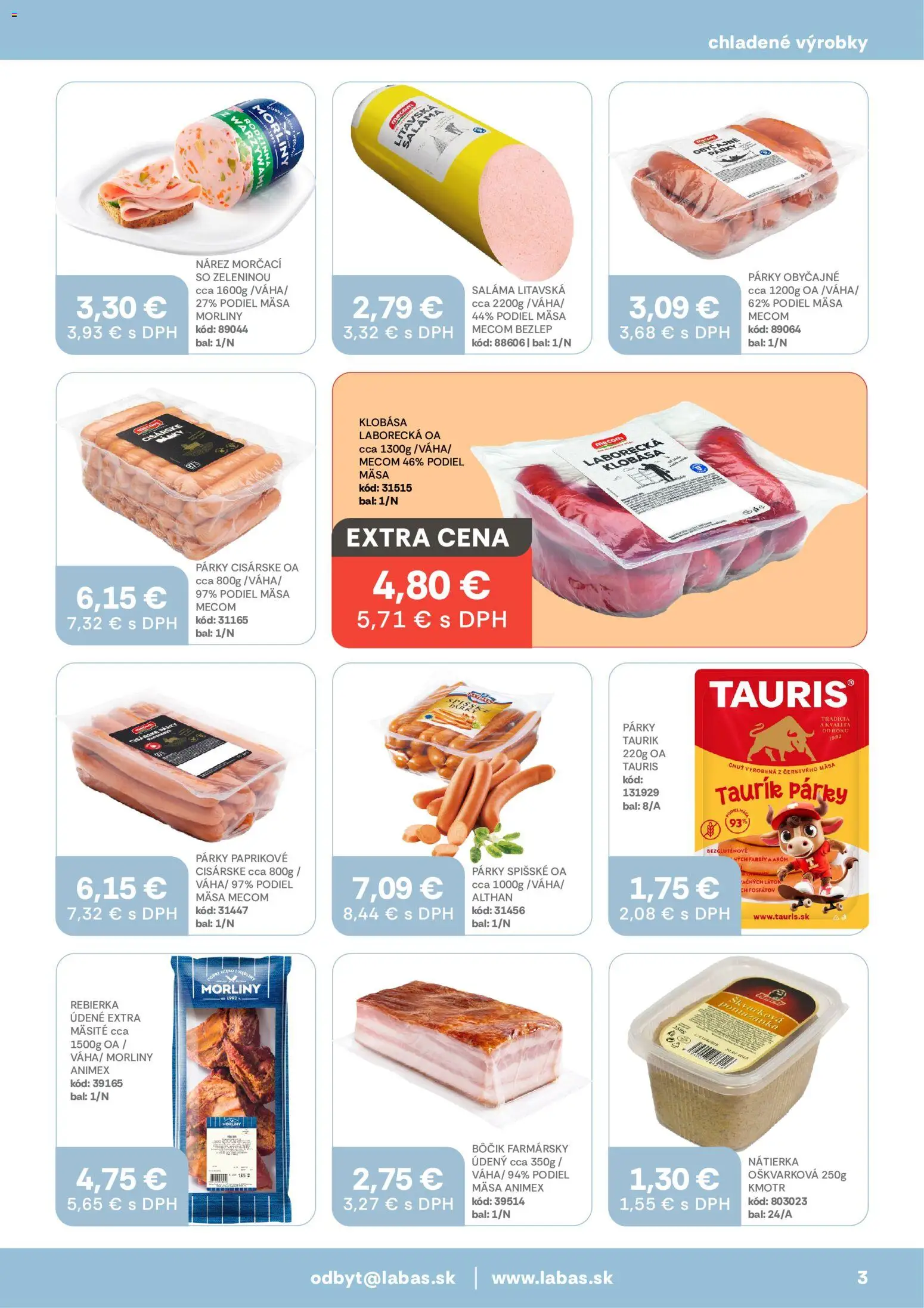 Nové Labaš akcie – leták je platný od 09.10.2026 | Strana: 3 | Produkty: Klobása, Nátierka, Párky, Bôčik