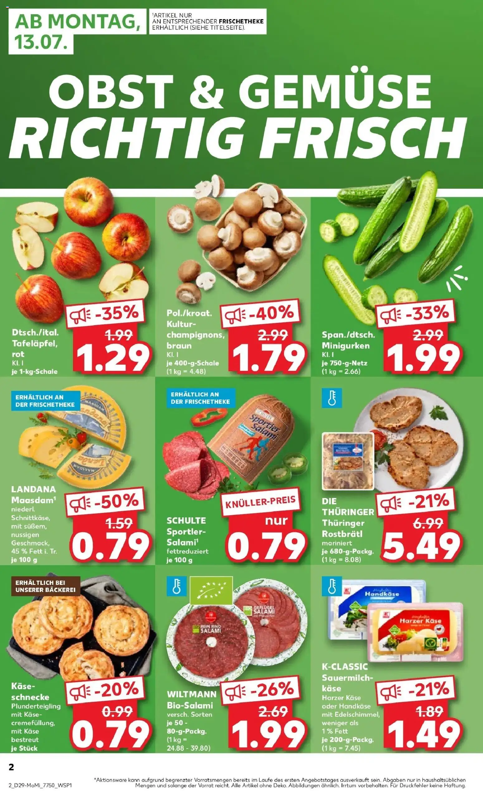Kaufland Prospekt Mainz – gültig ab 13.07.2026 | Seite: 2 | Produkte: Bäckerei, Käse, Gemüse, Salami