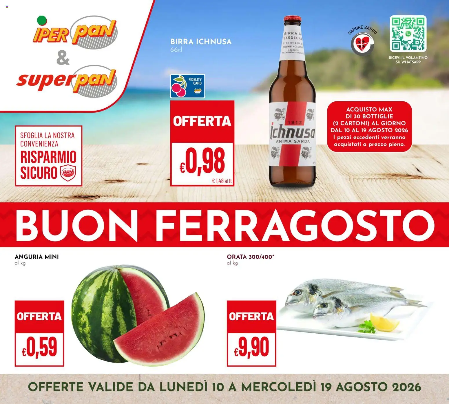 Volantino Pan del 10/08/2026 | Pagina: 1 | Prodotti: Birra, Orata, Anguria, Birra Ichnusa