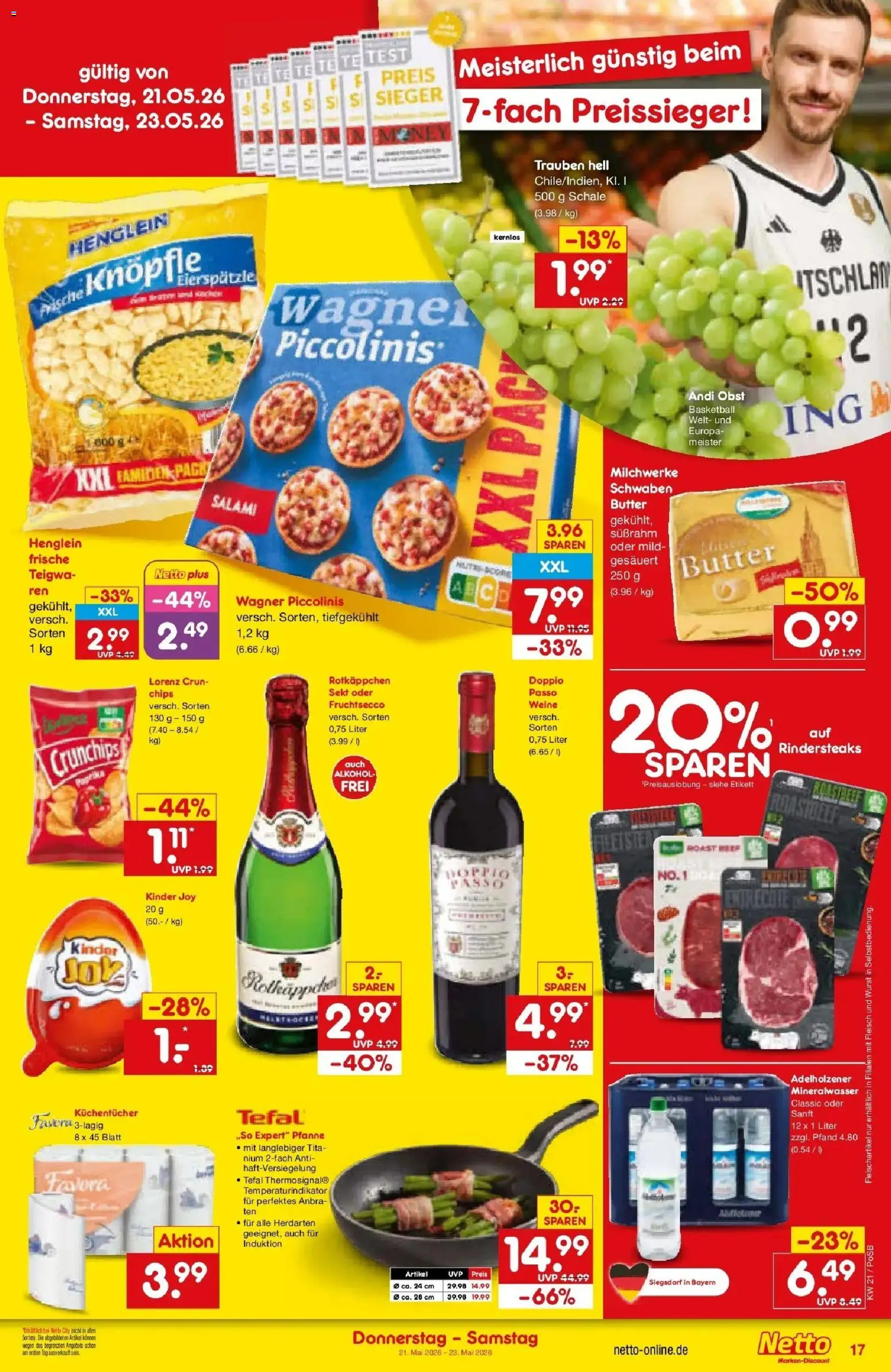 Netto Marken-Discount Prospekt Regensburg	 – gültig ab 17.05.2026 | Seite: 19 | Produkte: Trauben, Sekt, Adelholzener, Fleisch