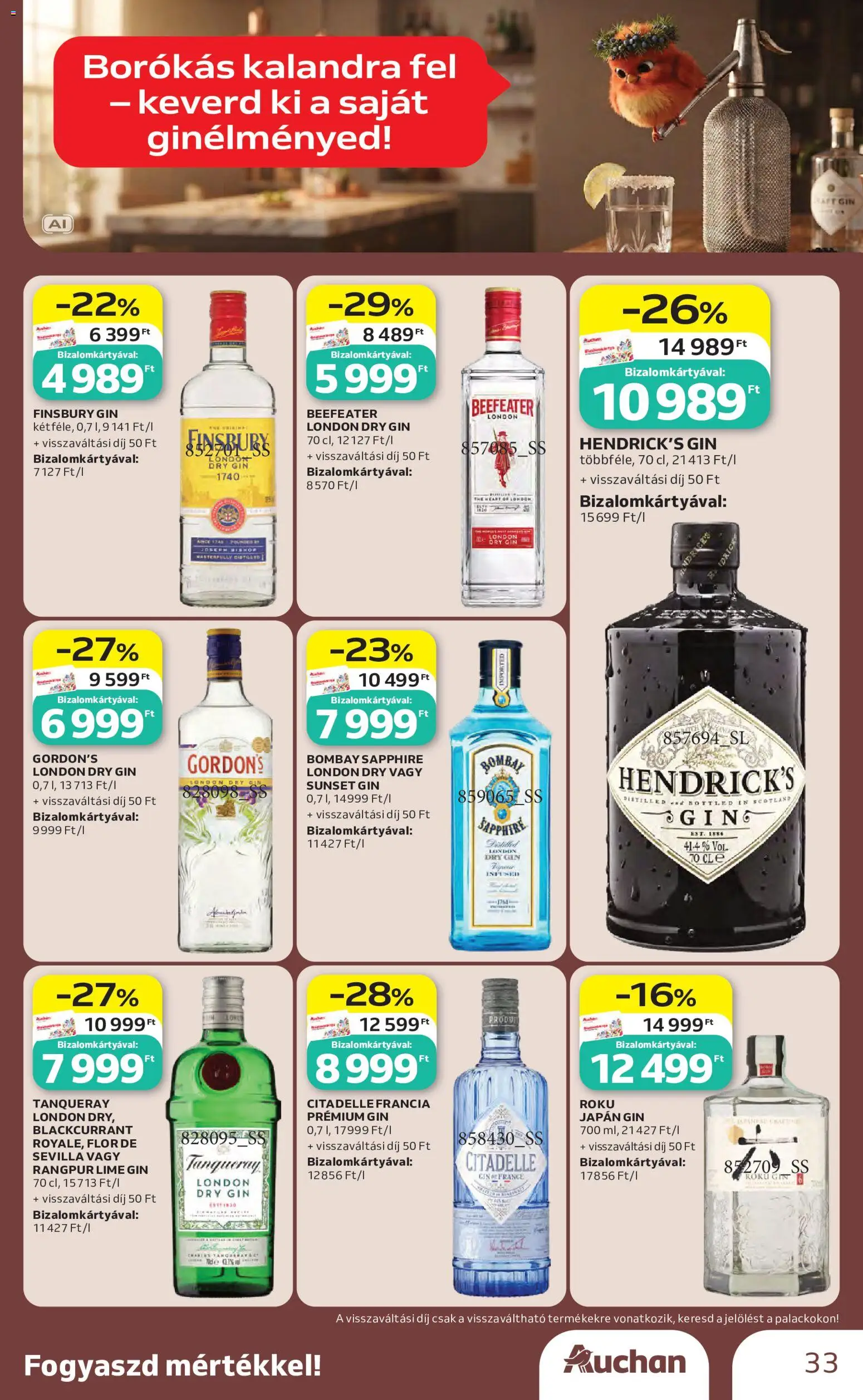 Auchan akciós ujság - amely érvényes a következő dátumtól: 2026.10.01. | Oldal: 33 | Termékek: Lime, Hendrick's Gin, Gin, Beefeater