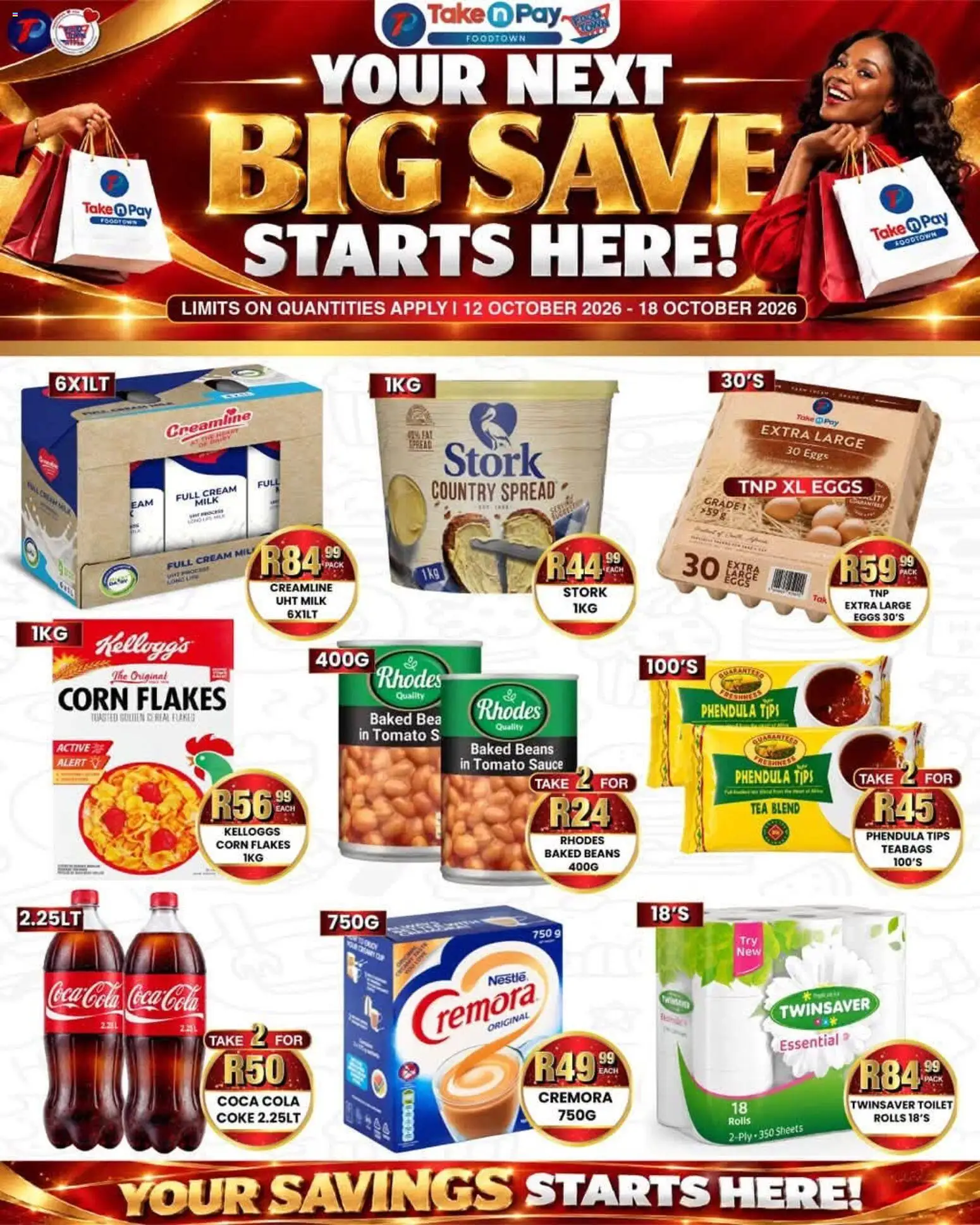 New Take n Pay catalogue – valid from 12/10/2026 | Page: 1 | Products: Corn flakes, Tea, Cream, Sauce