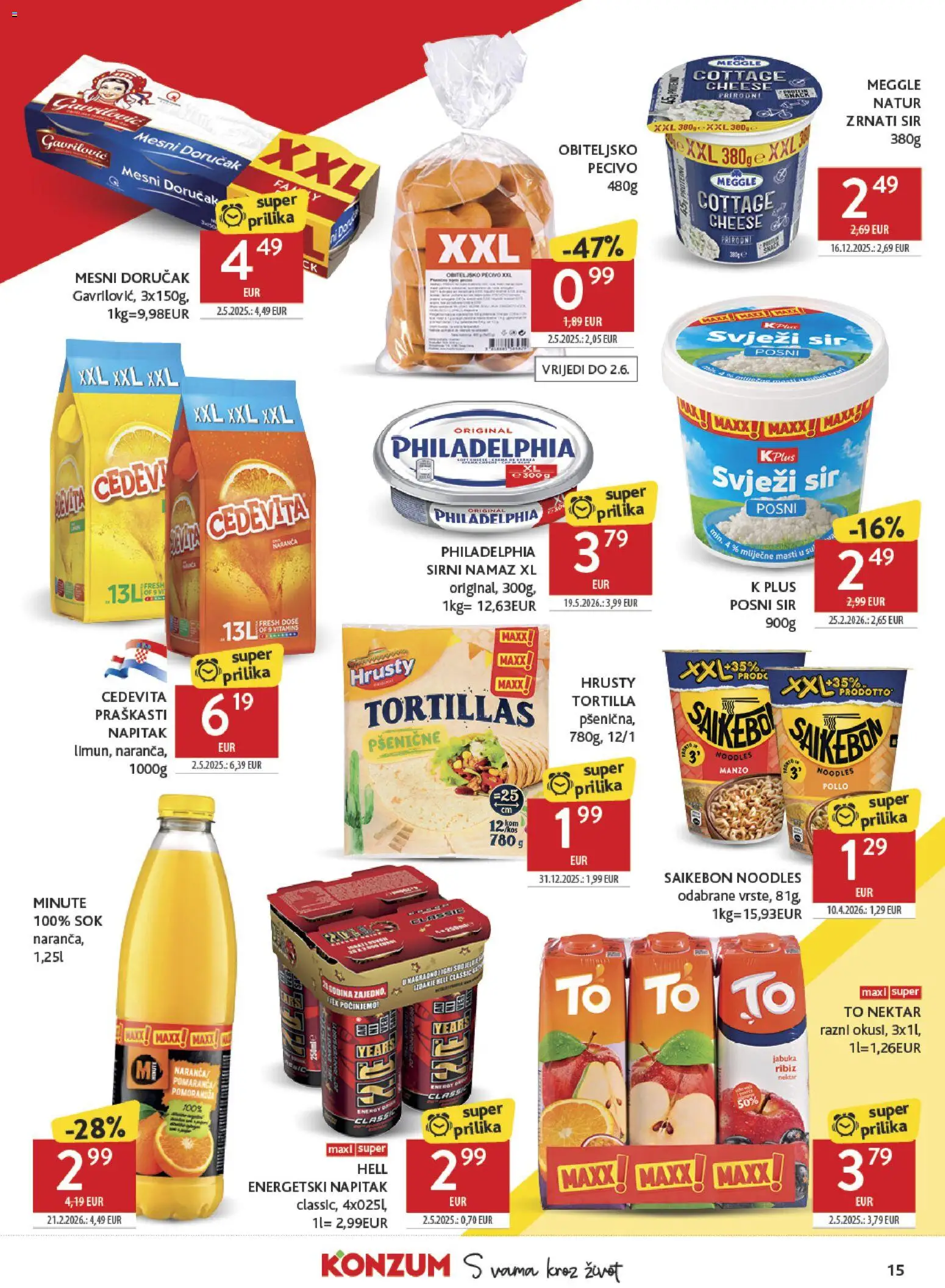 Konzum katalog | vrijedi od 27.05.2026 | Stranica: 15 | Proizvodi: Hell, Cedevita, Pecivo, Namaz