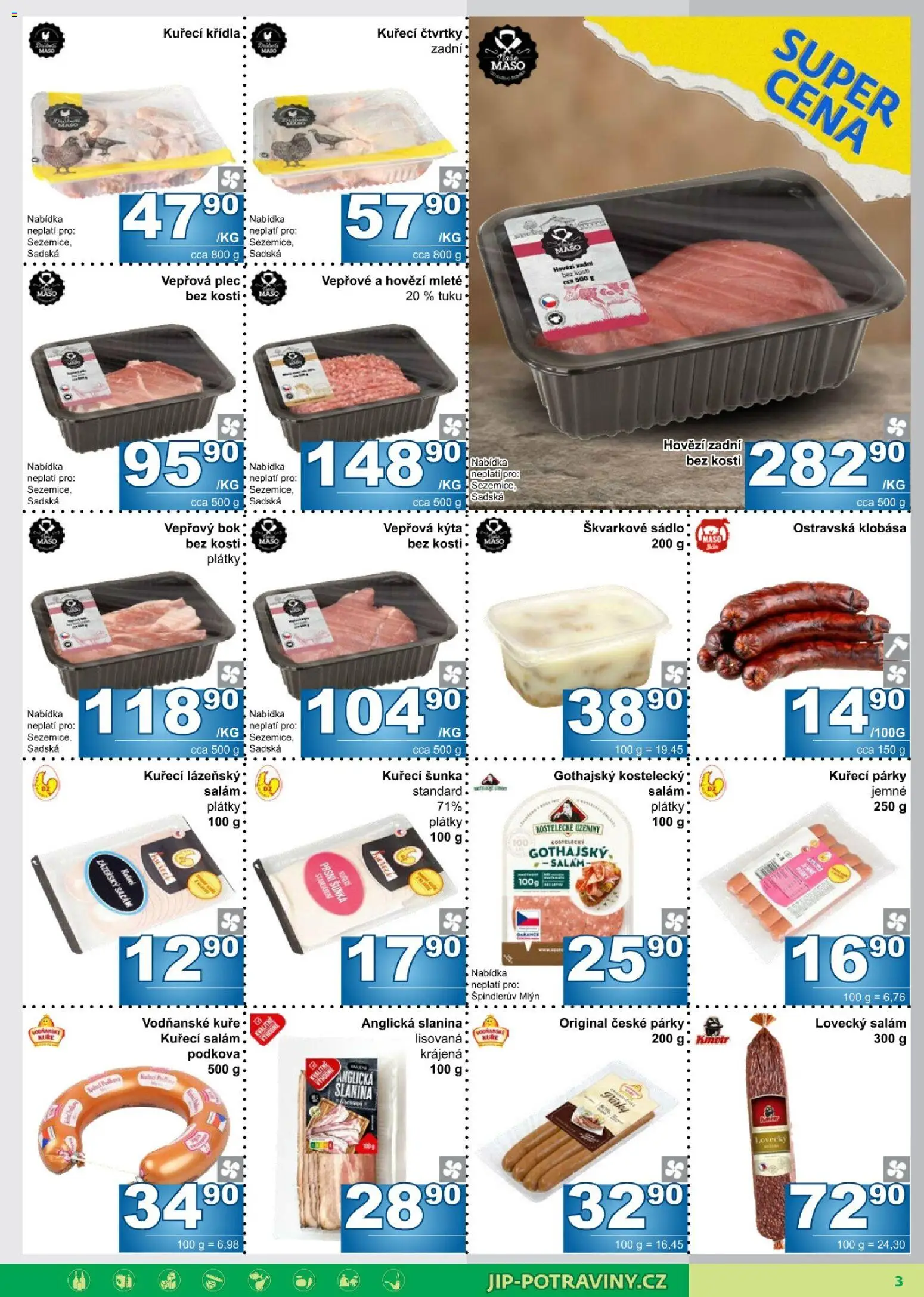 Jip leták od 09.09.2026 | Strana: 3 | Produkty: Klobása, Anglická slanina, Kuře, Lovecký salám