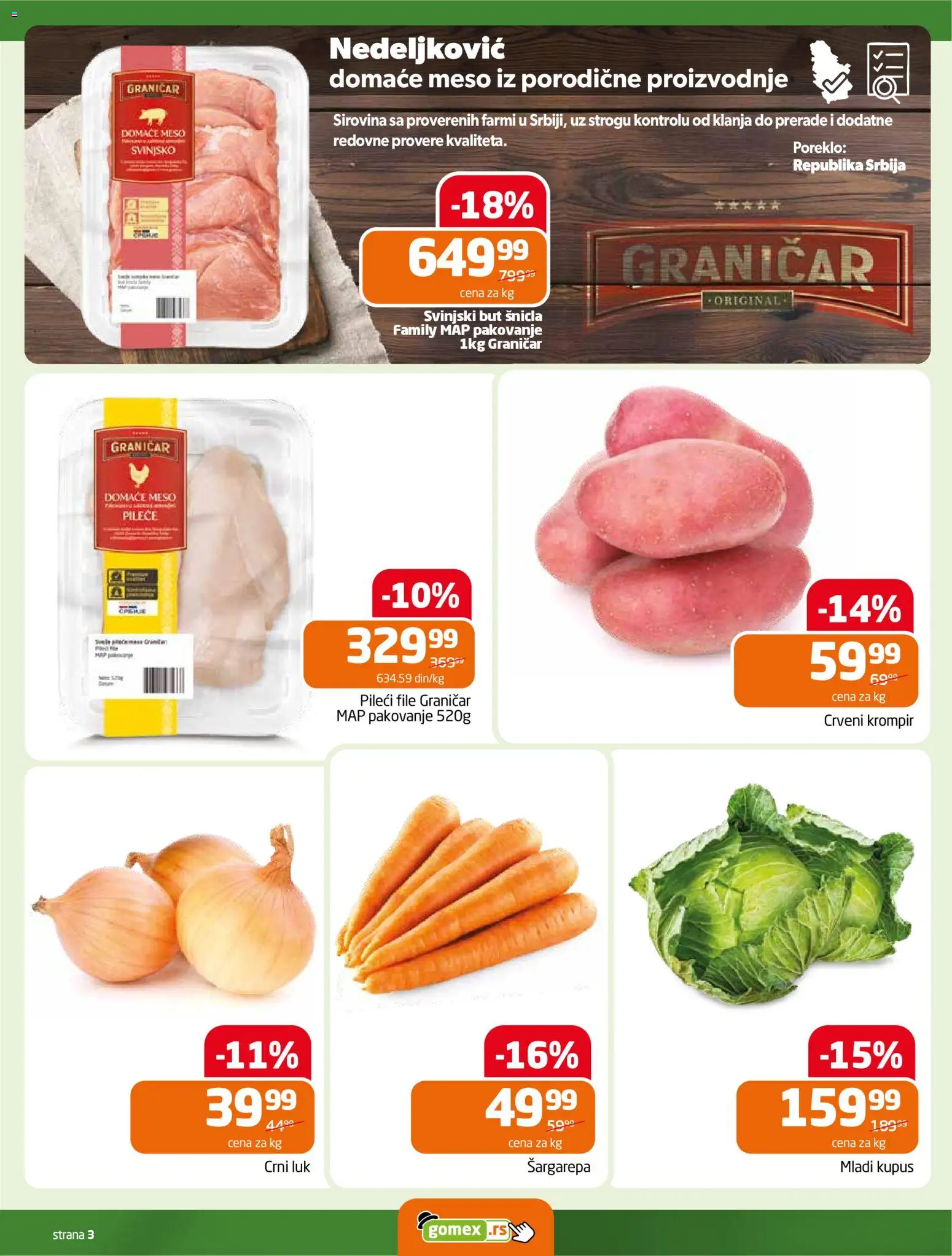 Gomex katalog - važi od 01.04.2026 | Strana: 3 | Proizvode: Šargarepa, Crveni krompir, Pileći file, Svinjski but