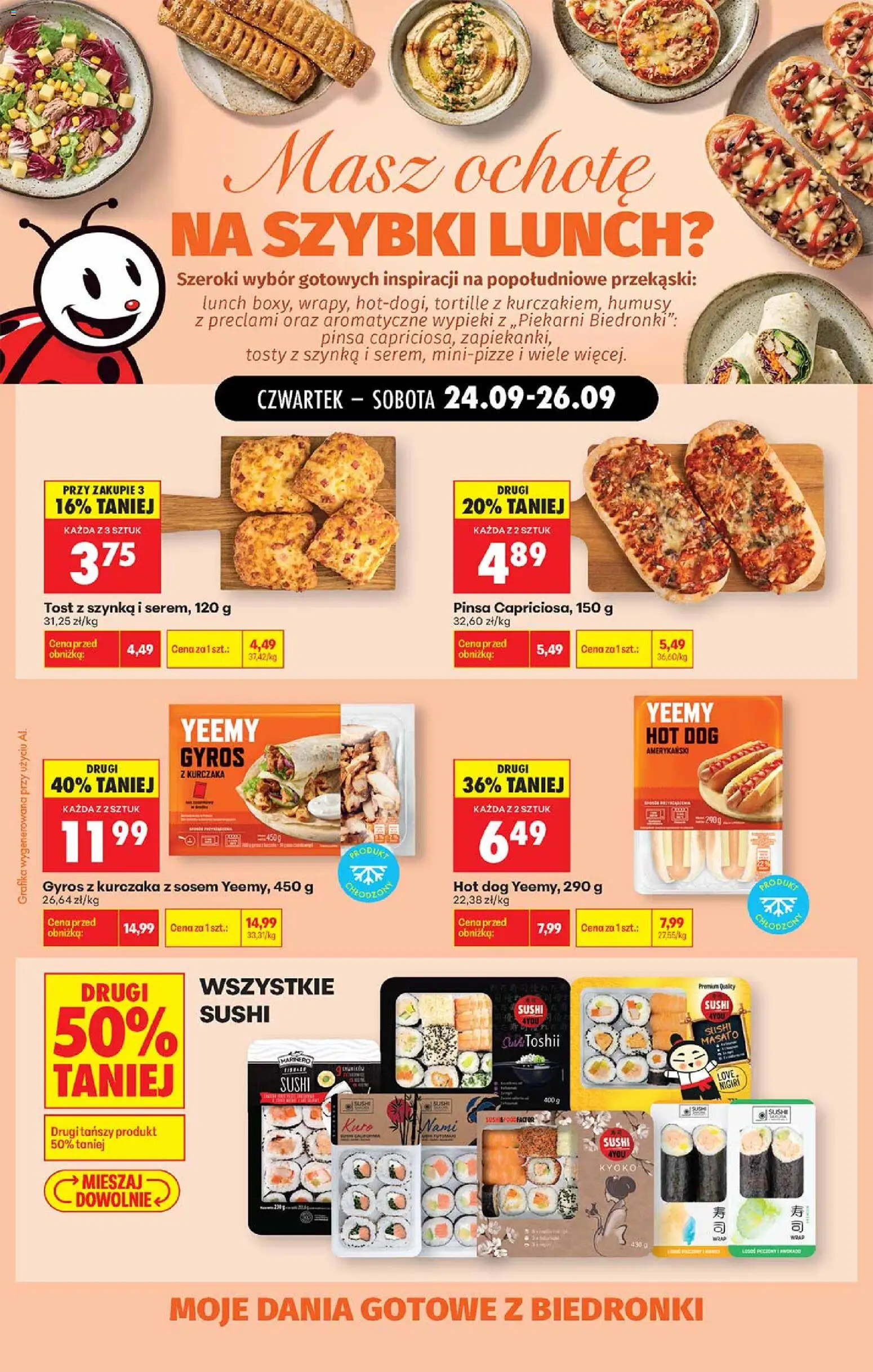 Biedronka Polsko leták - Szybki lunch oferta od 24.09.2026 | Strana: 1 | Produkty: Hot dog, Sushi, Pinsa, Lunch