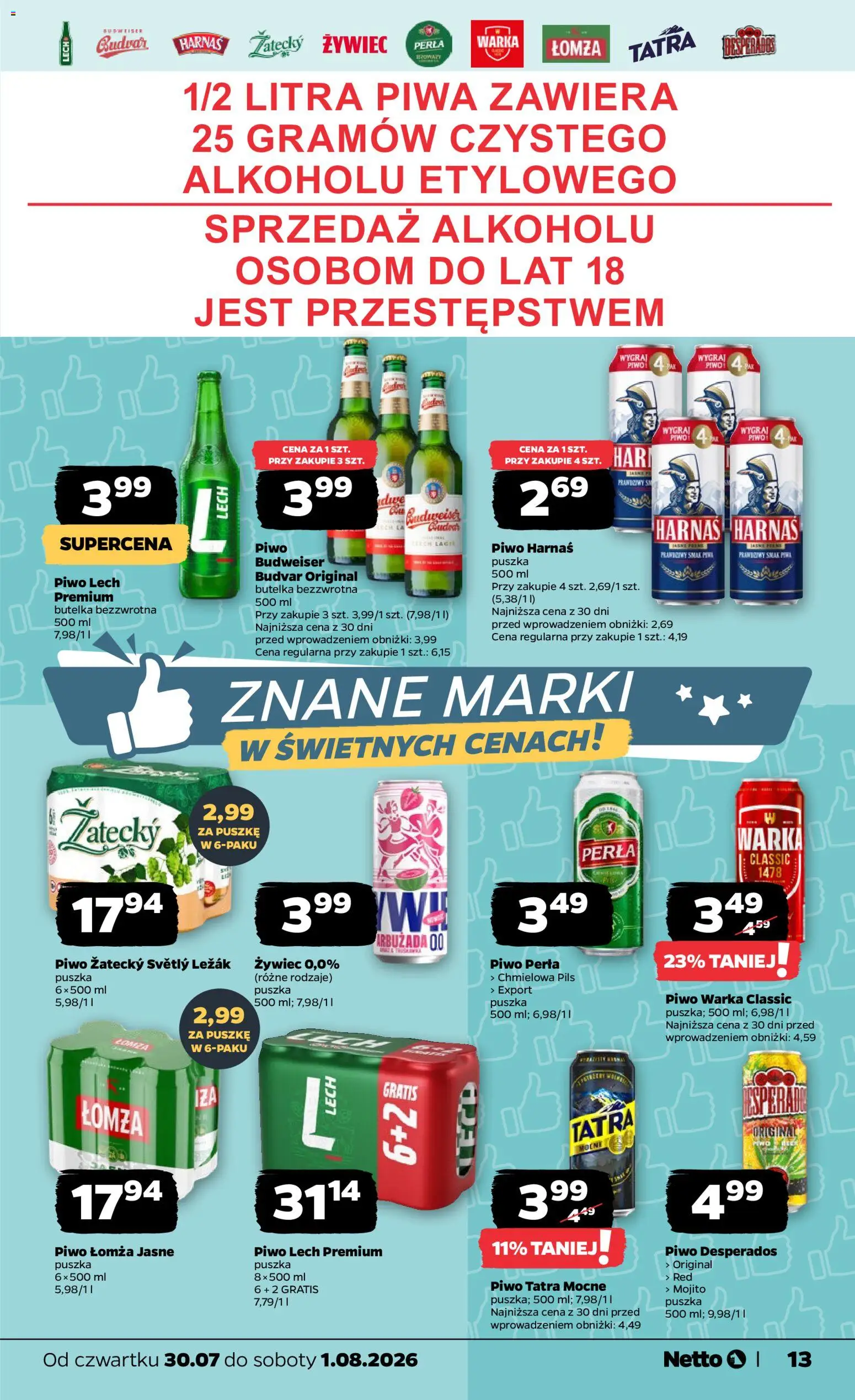 Netto gazetka od czwartku od 30.07.2026 | Strona: 13 | Produkty: Piwo perła, Piwo Desperados, Harnaś, Piwo