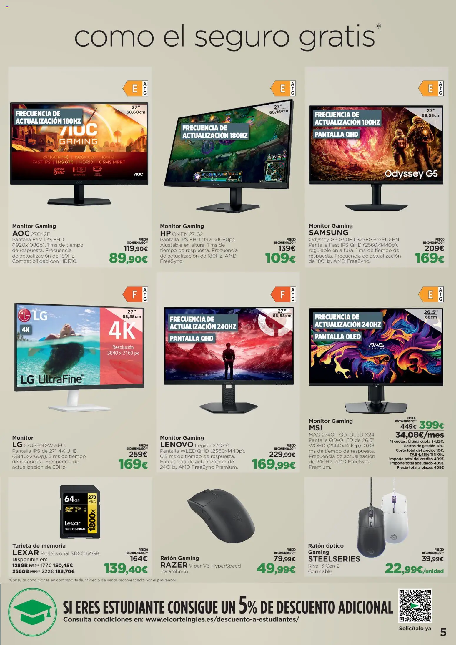 El Corte Inglés Volver tiene sus ventajas │ válido desde el 20/08/2026 | Página: 5 | Productos: Ratón gaming, Monitor, Cable, Tarjeta de memoria