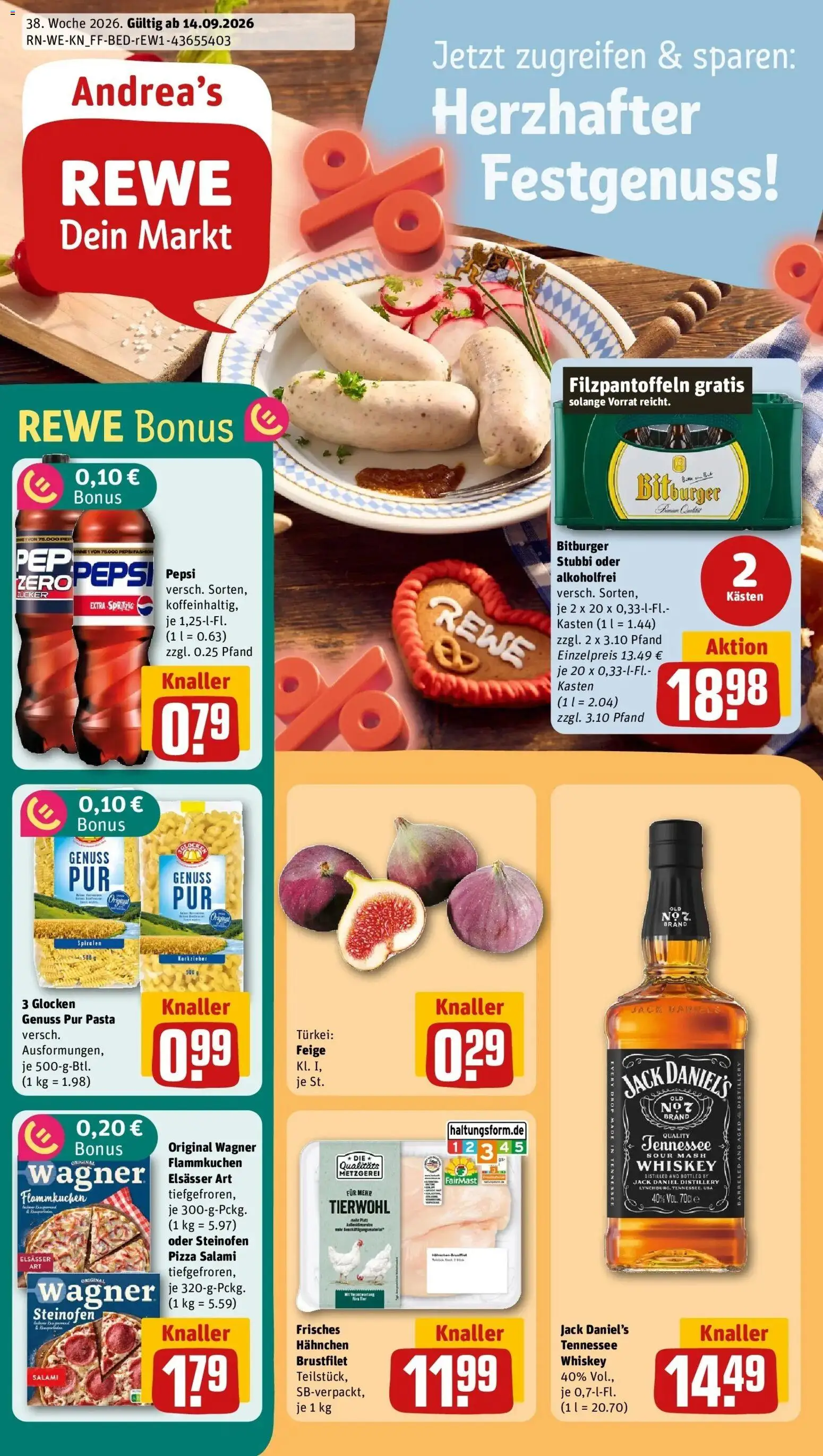 REWE Prospekt ab 14.09.2026 zum Blättern » Angebote | Seite: 1 | Produkte: Bitburger, Pepsi, Salami, Pizza