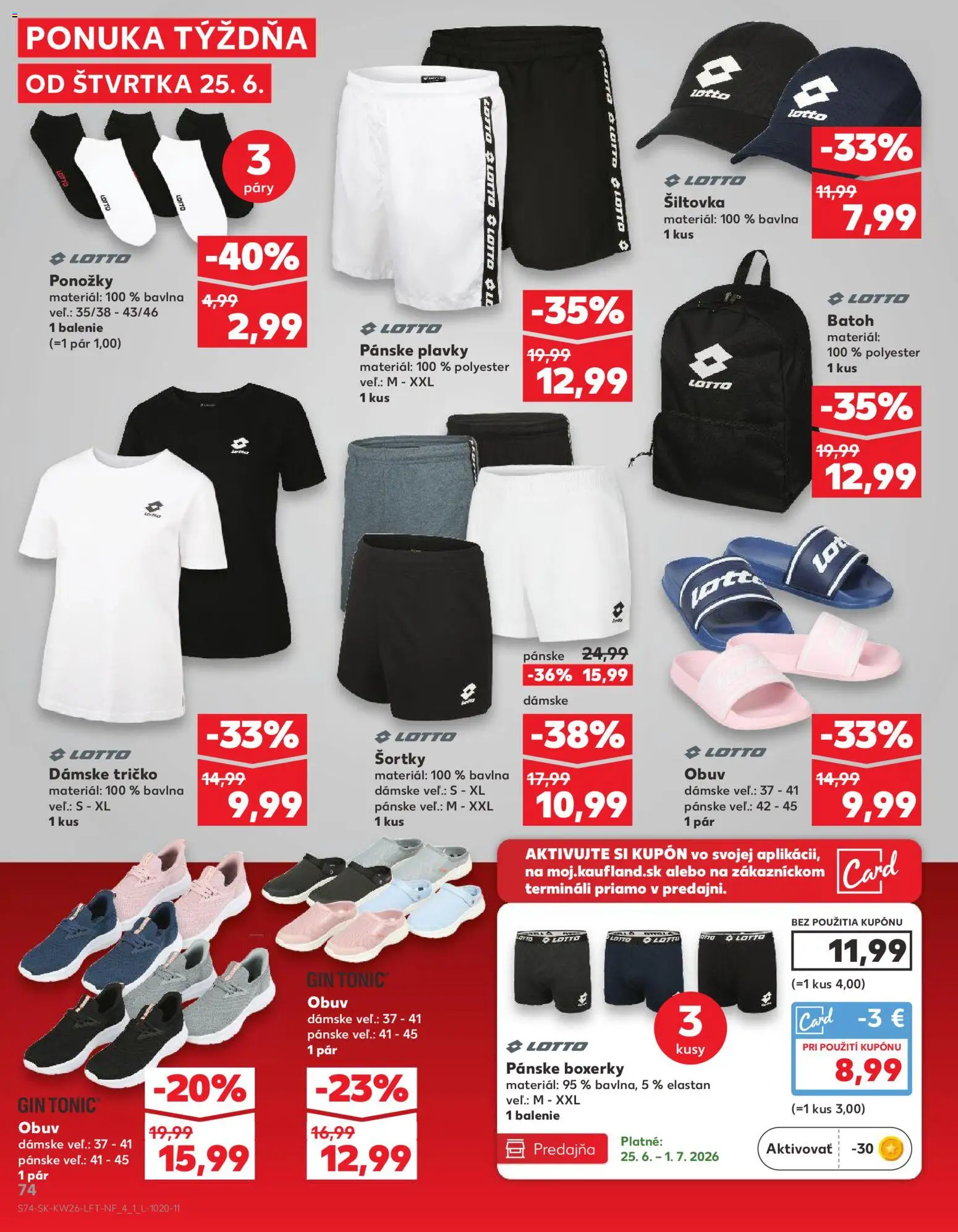 Nové Kaufland akcie – leták je platný od 25.06.2026 | Strana: 74 | Produkty: Tričko, Gin, Boxerky, Batoh