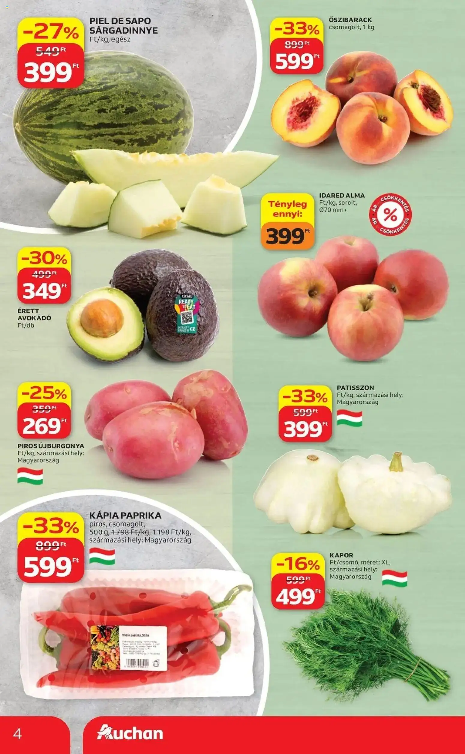 Auchan akciós újság Szolnok - 2026.08.13. -tól/töl > akció, lapozható szórólap 🛍️ | Oldal: 4 | Termékek: Őszibarack, Kapor, Alma, Avokádó