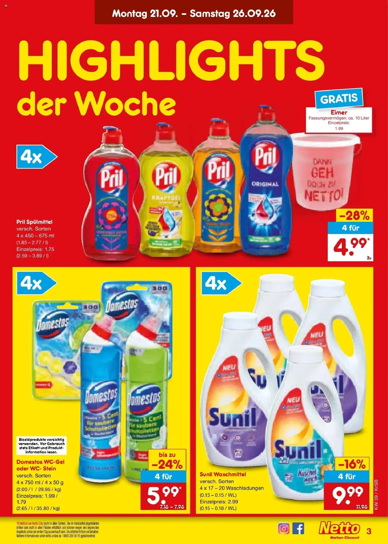 Netto Marken-Discount Prospekt Baesweiler – gültig ab 21.09.2026 | Seite: 3 | Produkte: Waschmittel, WC Stein, Pril