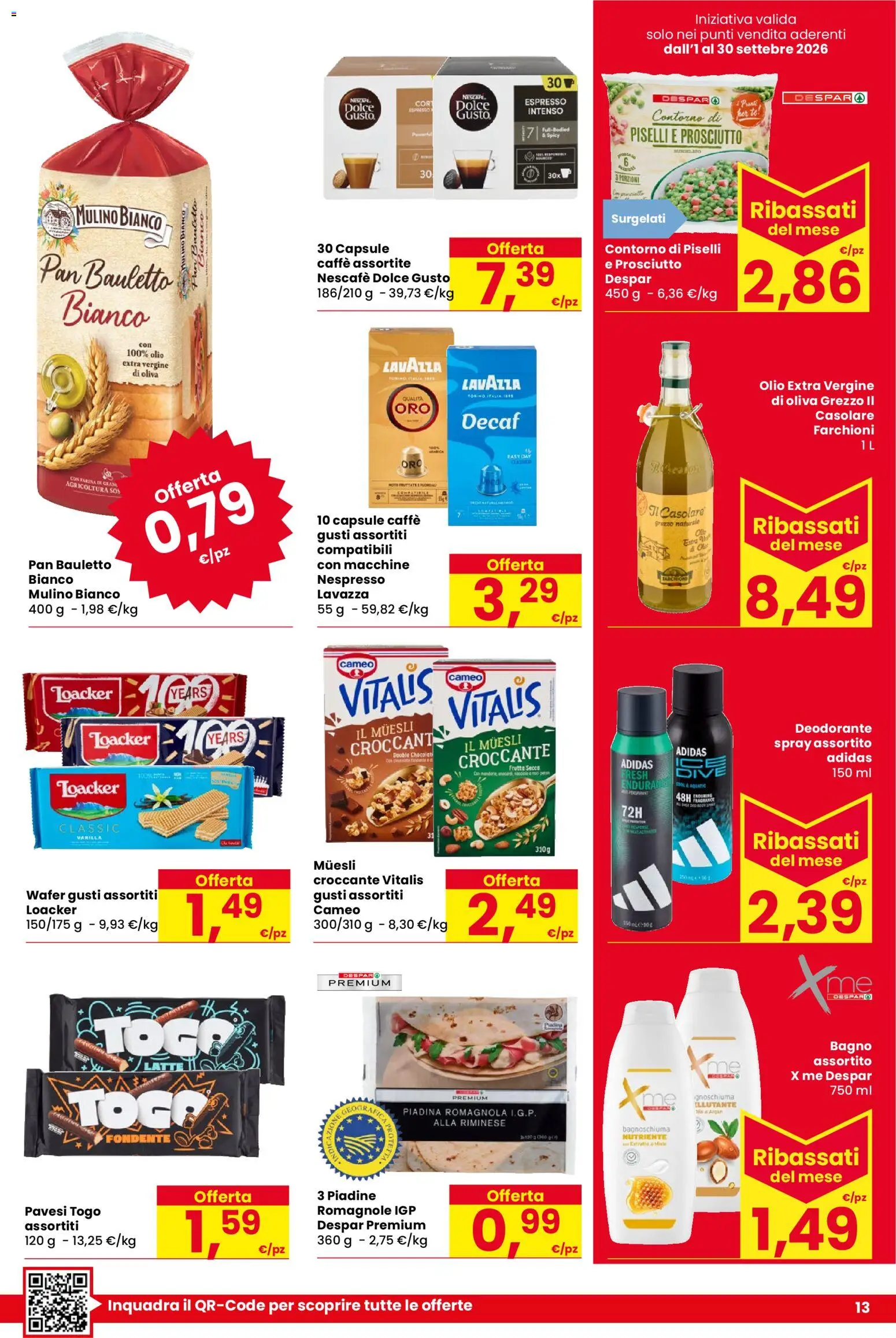 Volantino Despar del 03/09/2026 | Pagina: 13 | Prodotti: Muesli, Bagnoschiuma, Piselli, Bagno