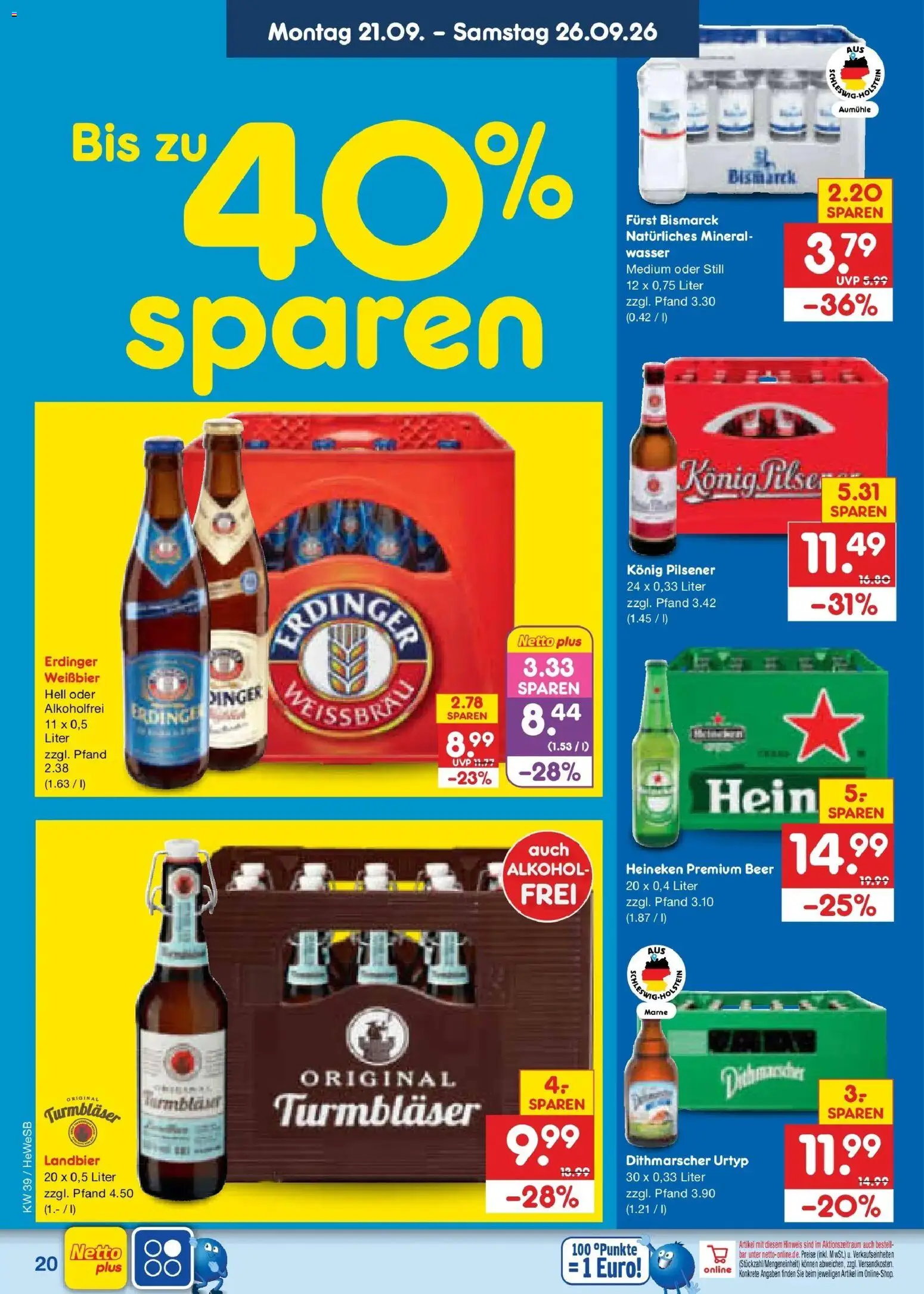 Netto Marken-Discount Prospekt Hamburg – gültig ab 21.09.2026 | Seite: 28 | Produkte: Konig pilsener, Erdinger, Wasser, Alkohol