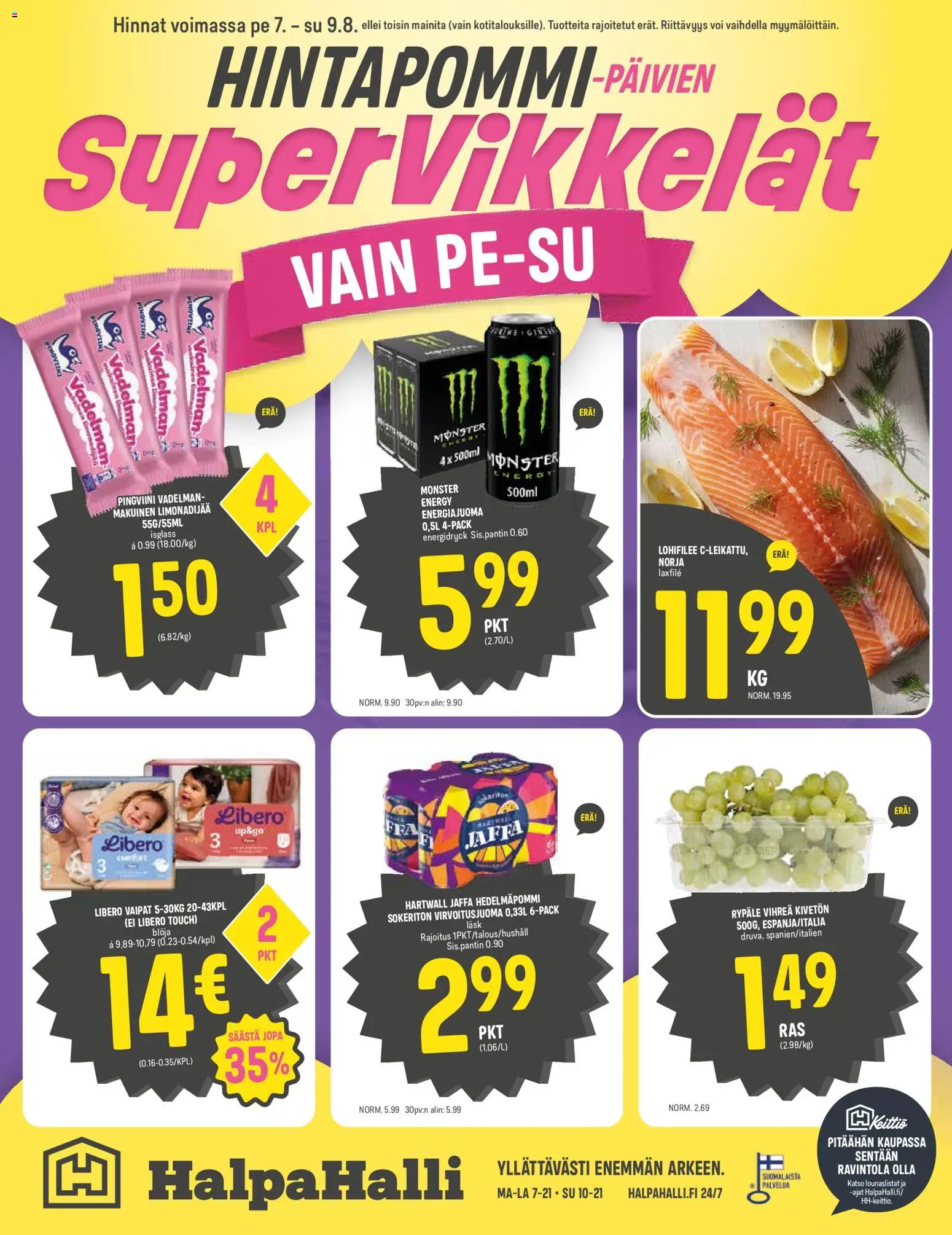 Halpa Halli tarjoukset – voimassa 05/08/2026 alkaen | Sivu: 12 | Tuotteet: Vaipat, Voi, Energiajuoma