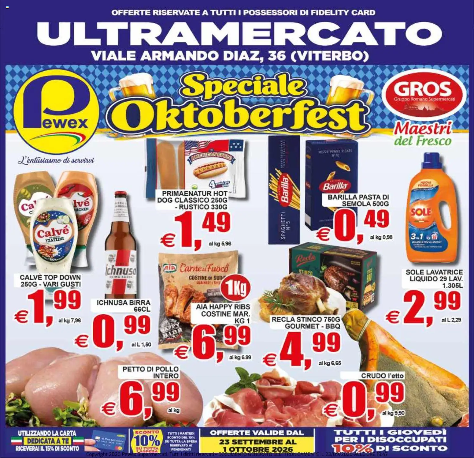 Volantino Pewex del 23/09/2026 | Pagina: 1 | Prodotti: Tè, Barilla, Lavatrice, Semola