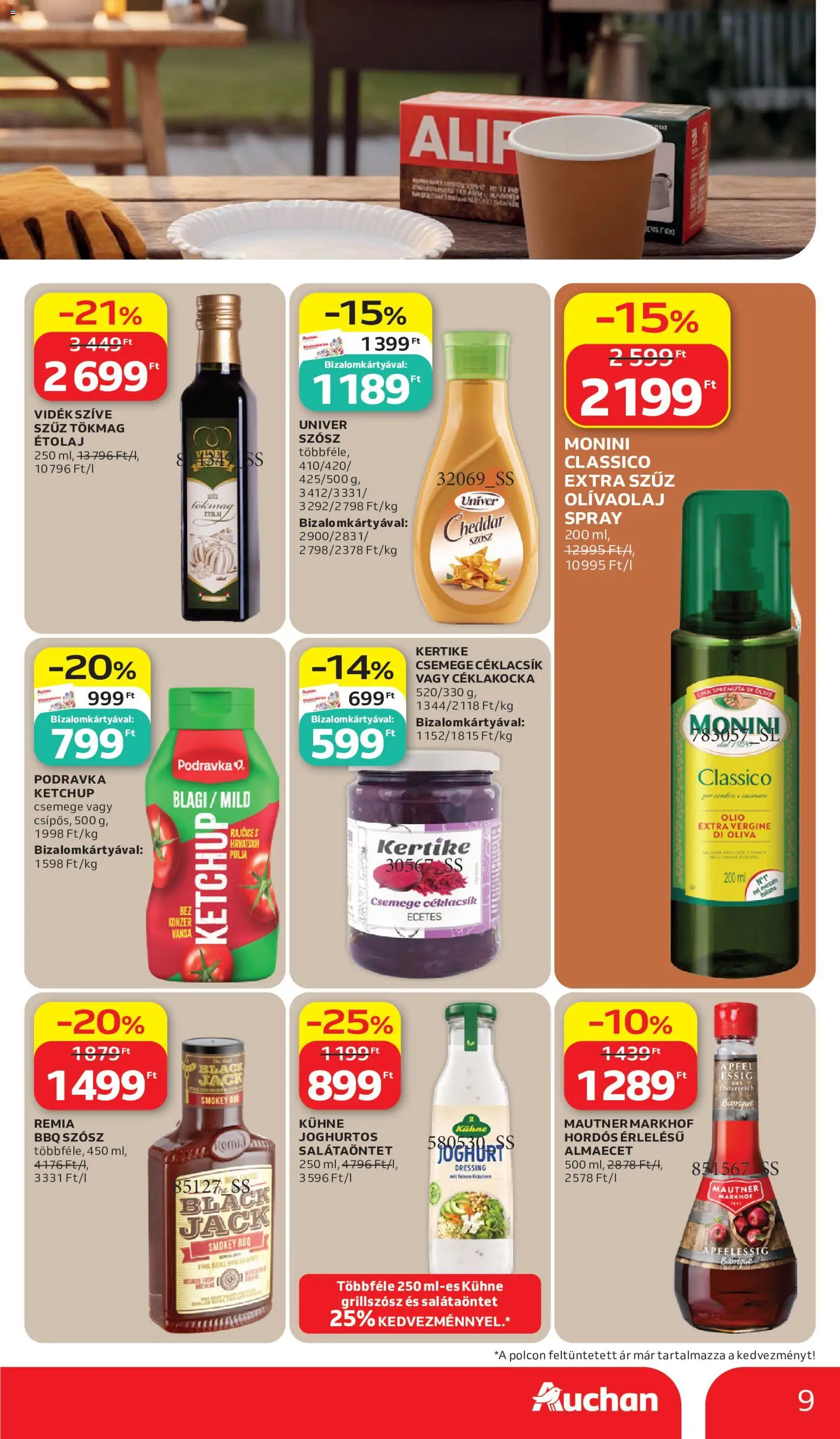 Auchan akciós ujság - amely érvényes a következő dátumtól: 11.06.2026 | Oldal: 9 | Termékek: Tökmag, Almaecet, Ketchup, Olívaolaj