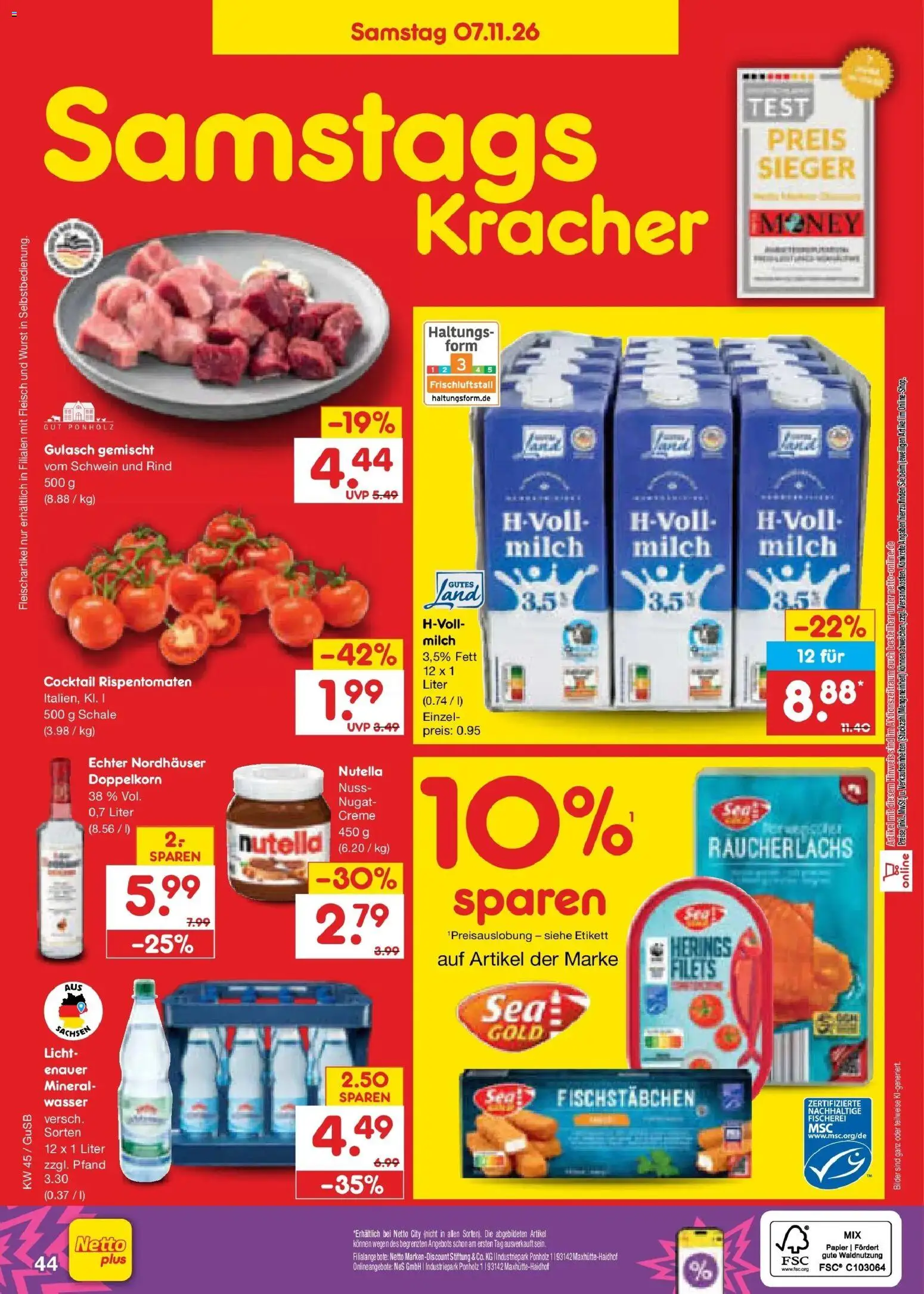 Netto Marken-Discount Prospekt Machern (ab 02.11.2026) » Angebote | Seite: 64 | Produkte: Milch 3,5%, Bilder, Fischstabchen, Wurst
