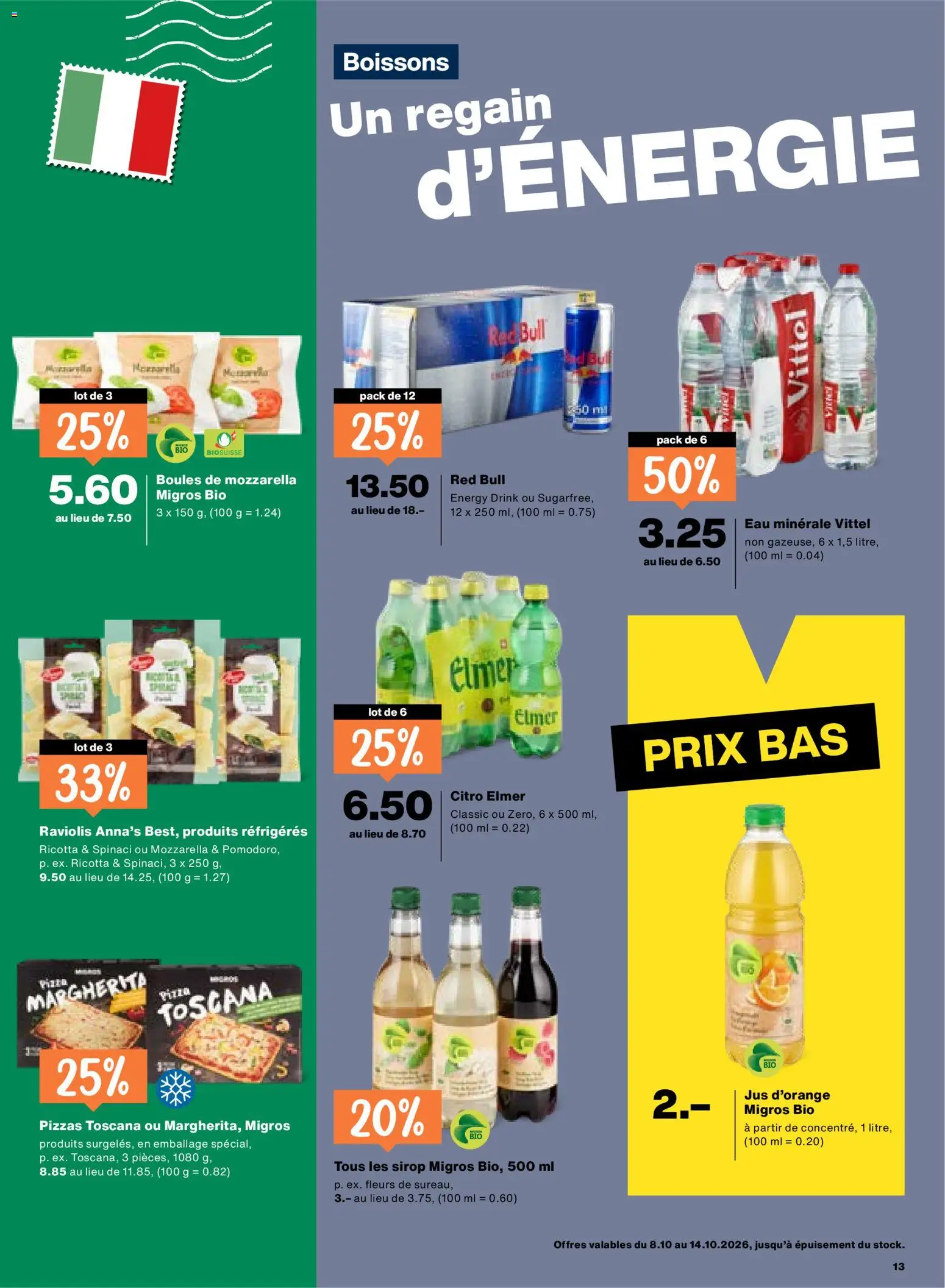 Migros aktionen FR – gültig ab 08.10.2026 | Seite: 13 | Produkte: Red bull, Pizza, Ricotta