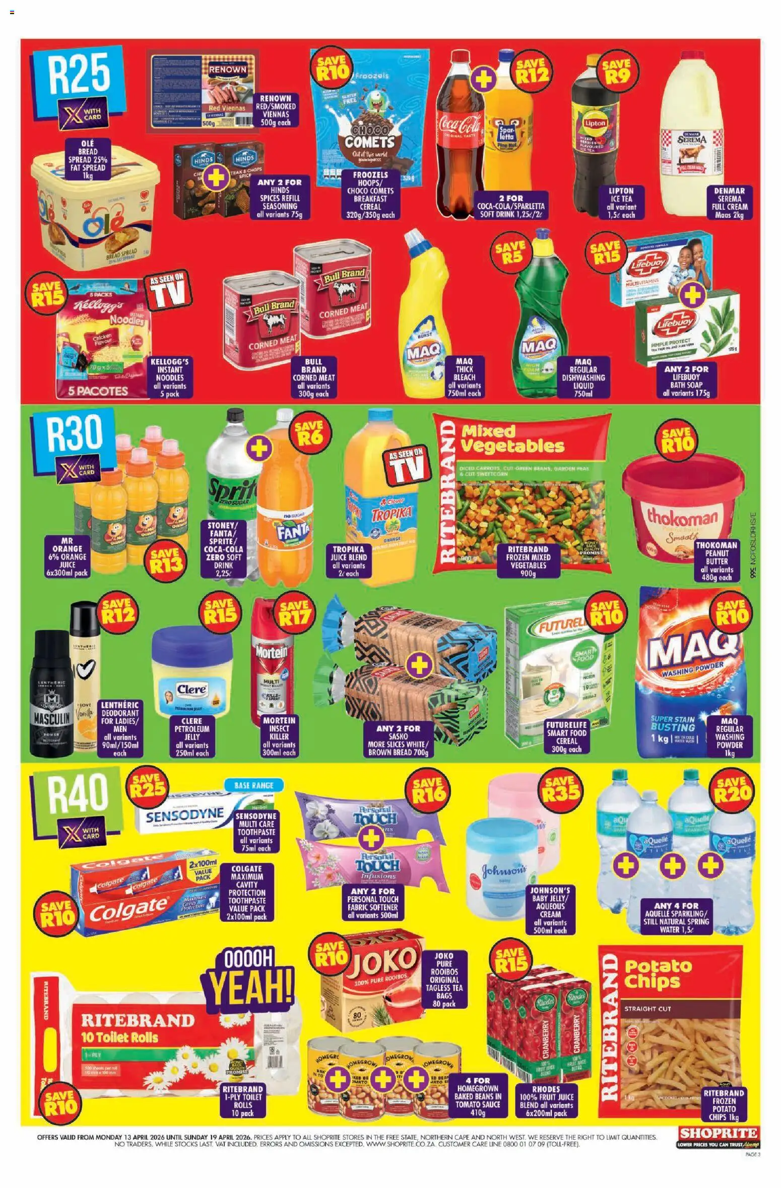 New Shoprite catalogue – valid from 13.04.2026 | Page: 3 | Products: Beans, Baked beans, Powder, Dishwashing liquid