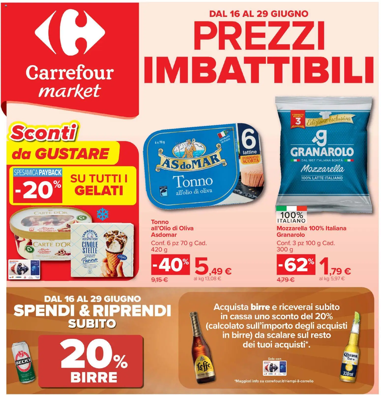 Volantino Carrefour del 16.06.2026 | Pagina: 1 | Prodotti: Panna, Mozzarella, Latte, Tonno